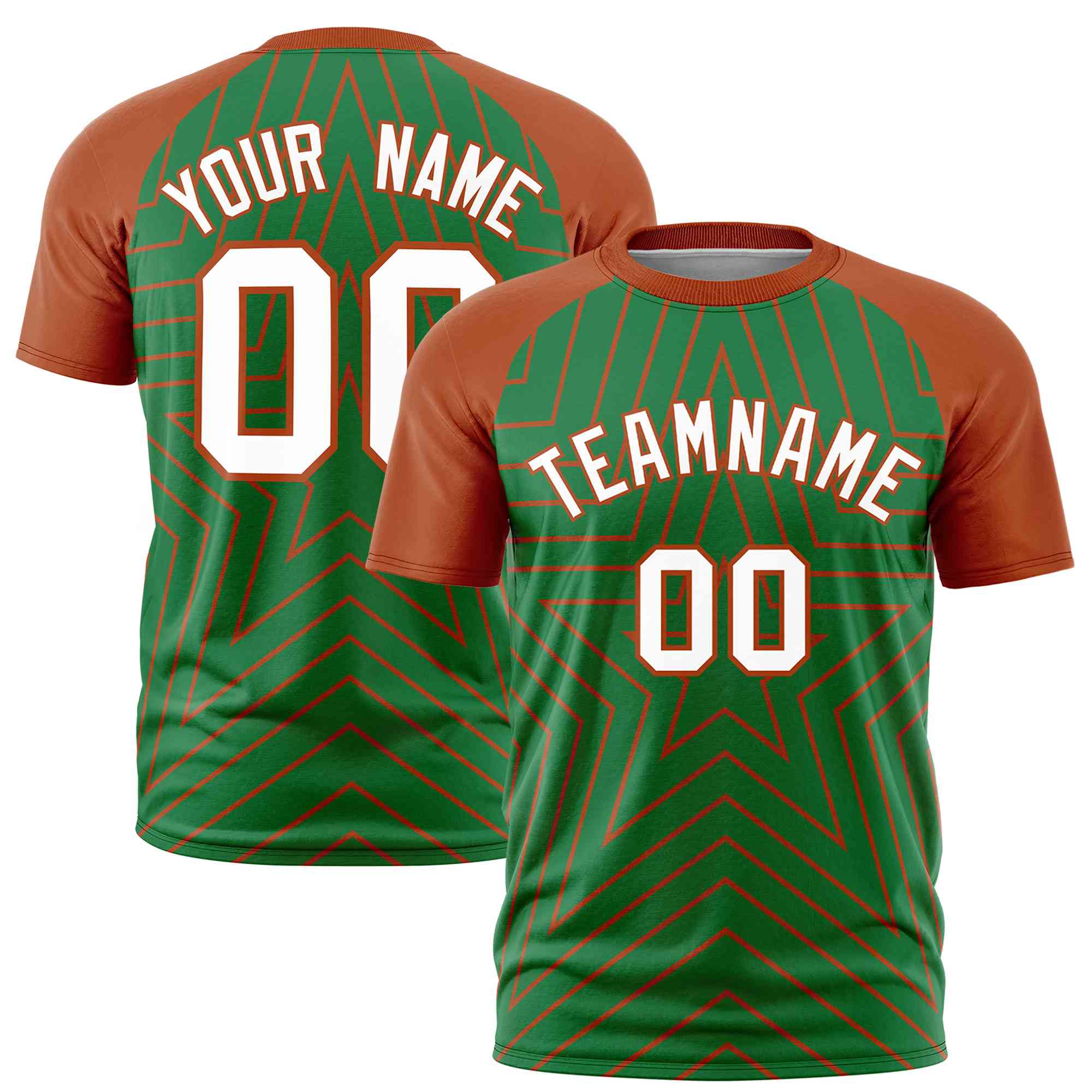 Custom Kelly Green Texas Orange Personalized Star Pattern Raglan Sleeves Performance T-Shirt