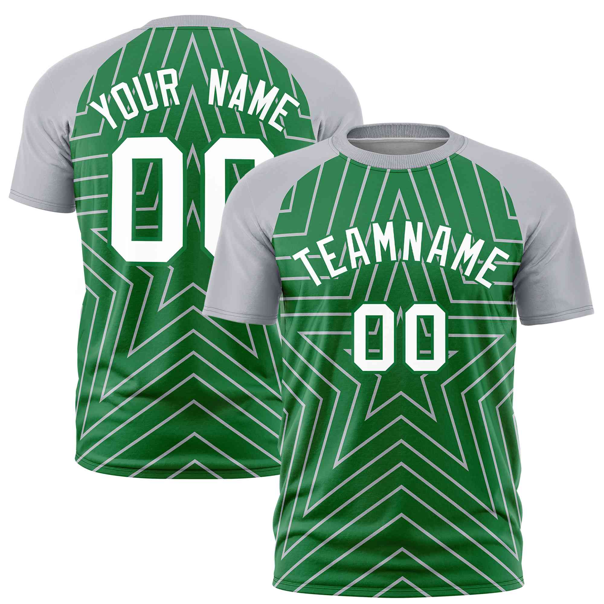 Custom Kelly Green Gray Personalized Star Pattern Raglan Sleeves Performance T-Shirt