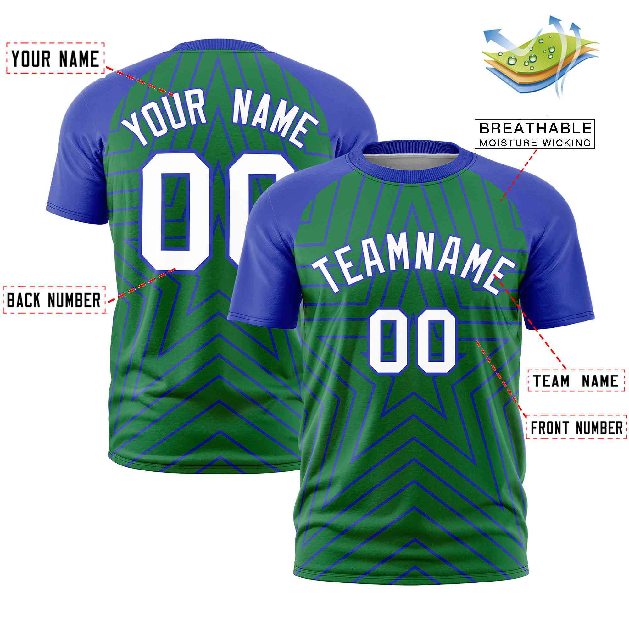 Custom Kelly Green Royal Personalized Star Pattern Raglan Sleeves Performance T-Shirt