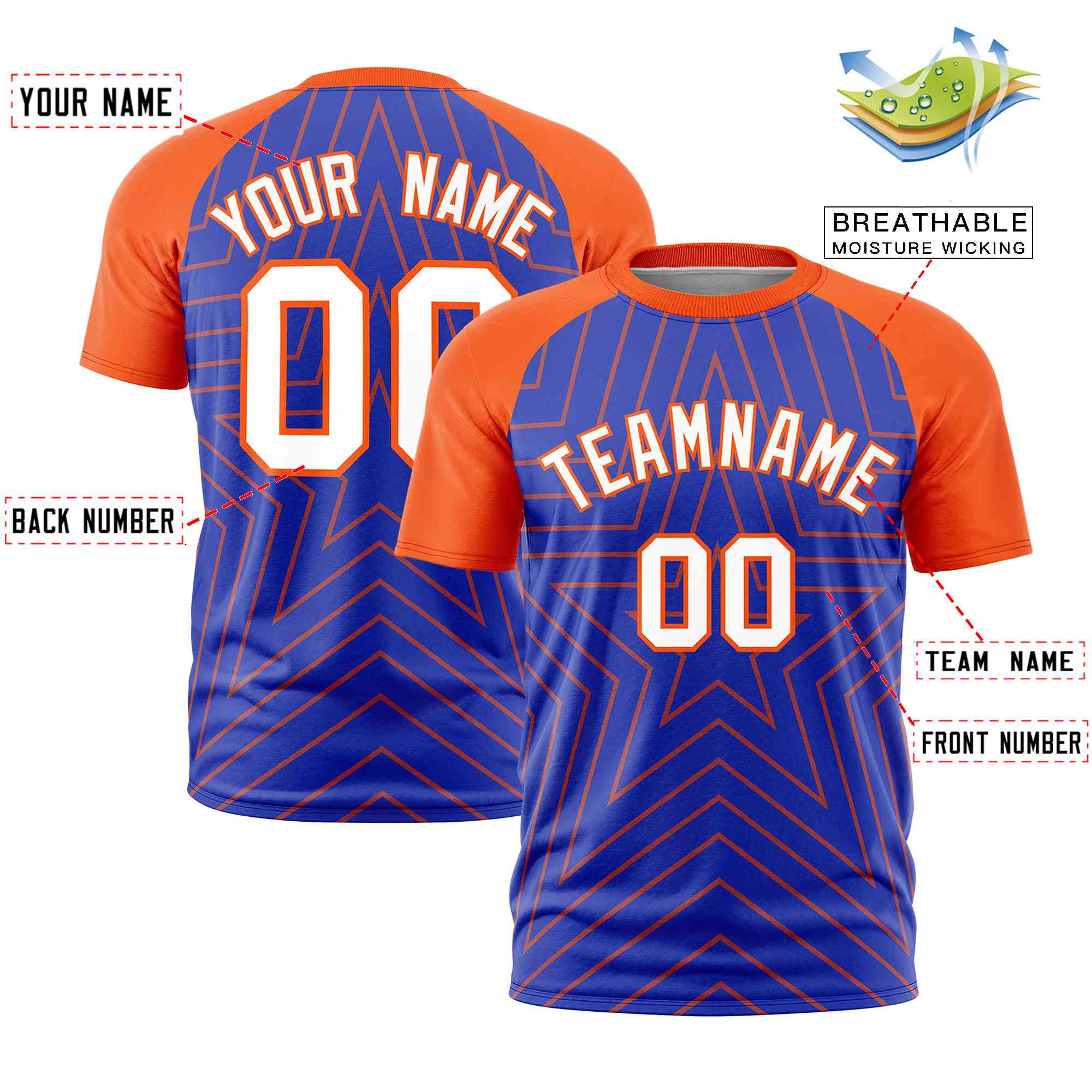 Custom Royal Orange Personalized Star Pattern Raglan Sleeves Performance T-Shirt