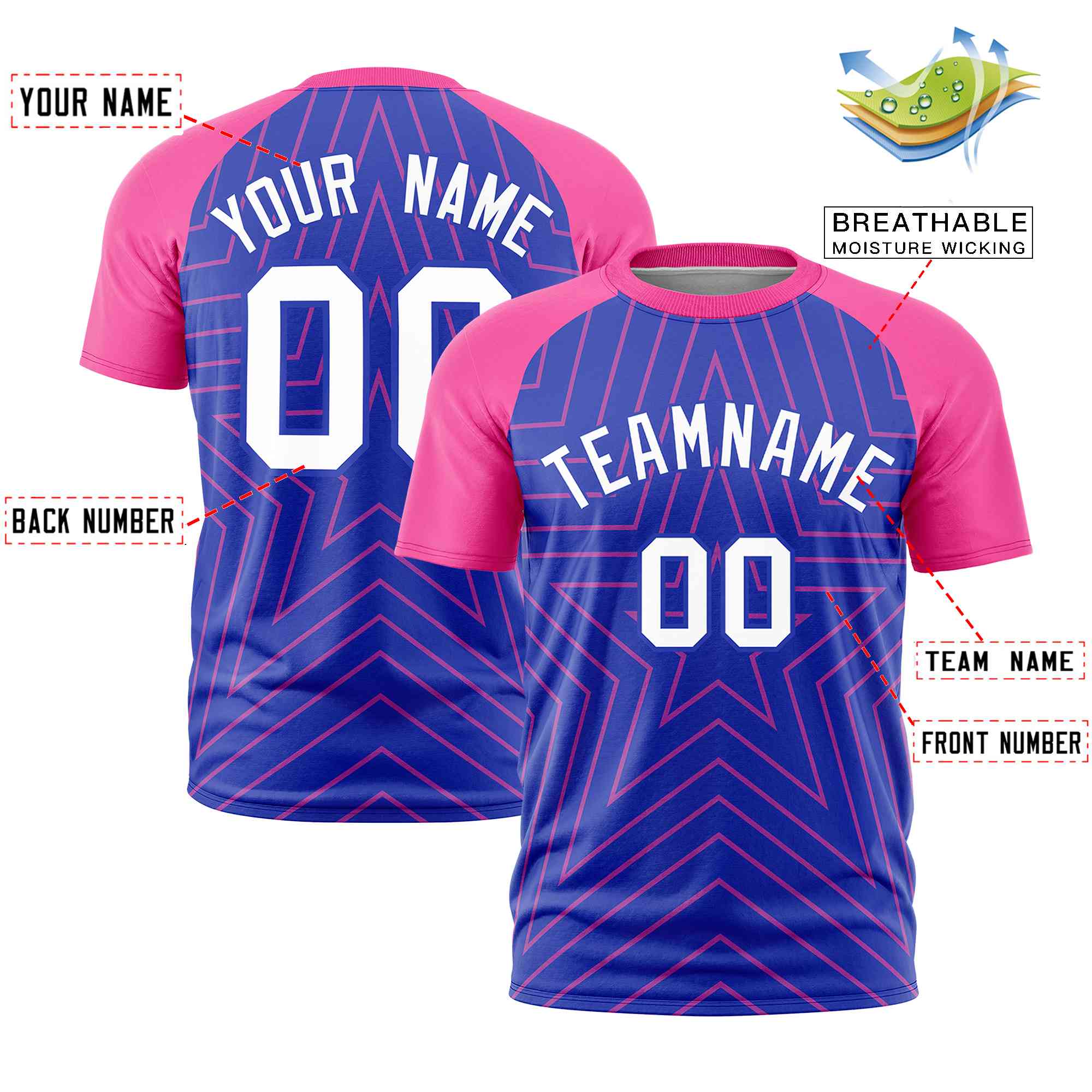 Custom Royal Pink Personalized Star Pattern Raglan Sleeves Performance T-Shirt