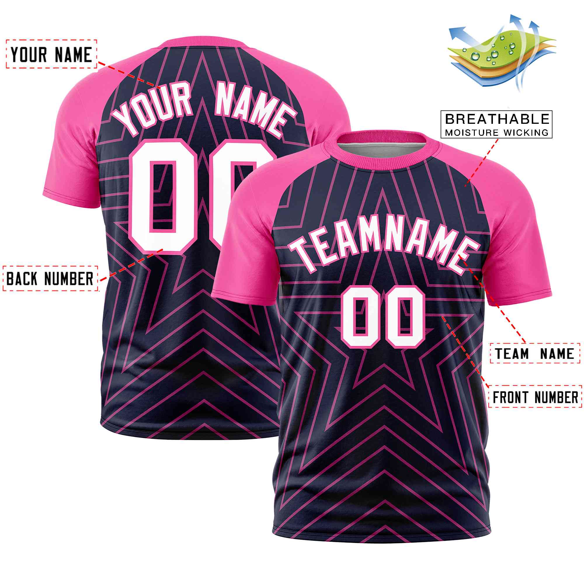 Custom Navy Pink Personalized Star Pattern Raglan Sleeves Performance T-Shirt