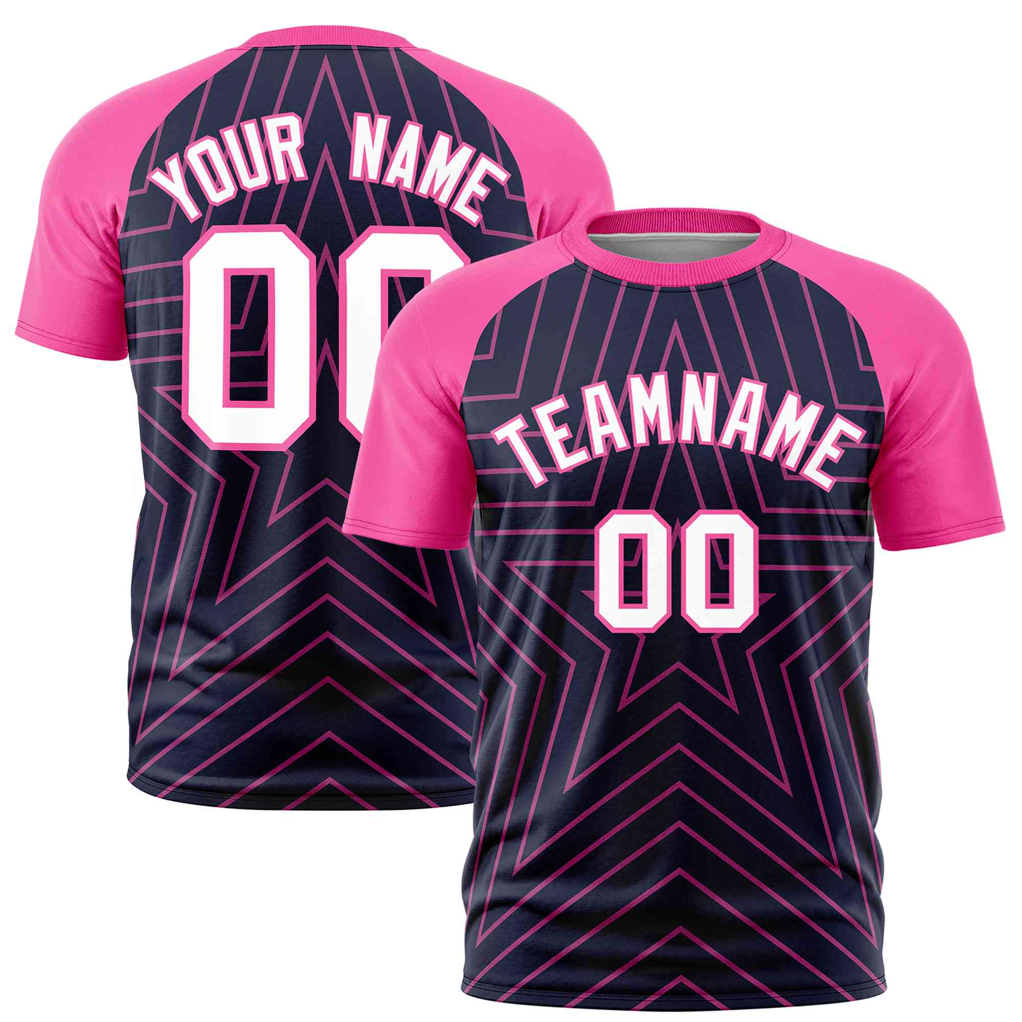 Custom Navy Pink Personalized Star Pattern Raglan Sleeves Performance T-Shirt