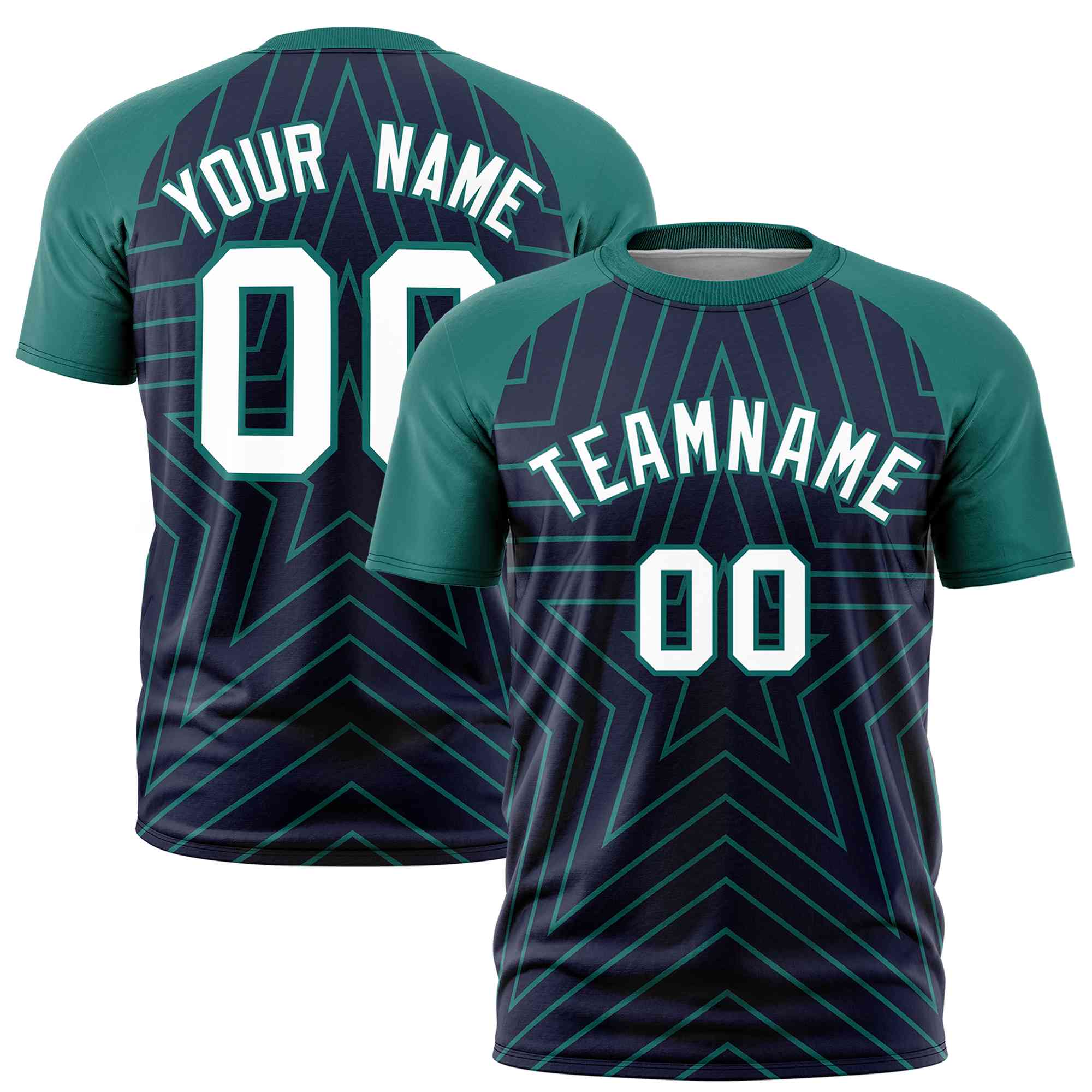 Custom Navy Aqua Personalized Star Pattern Raglan Sleeves Performance T-Shirt