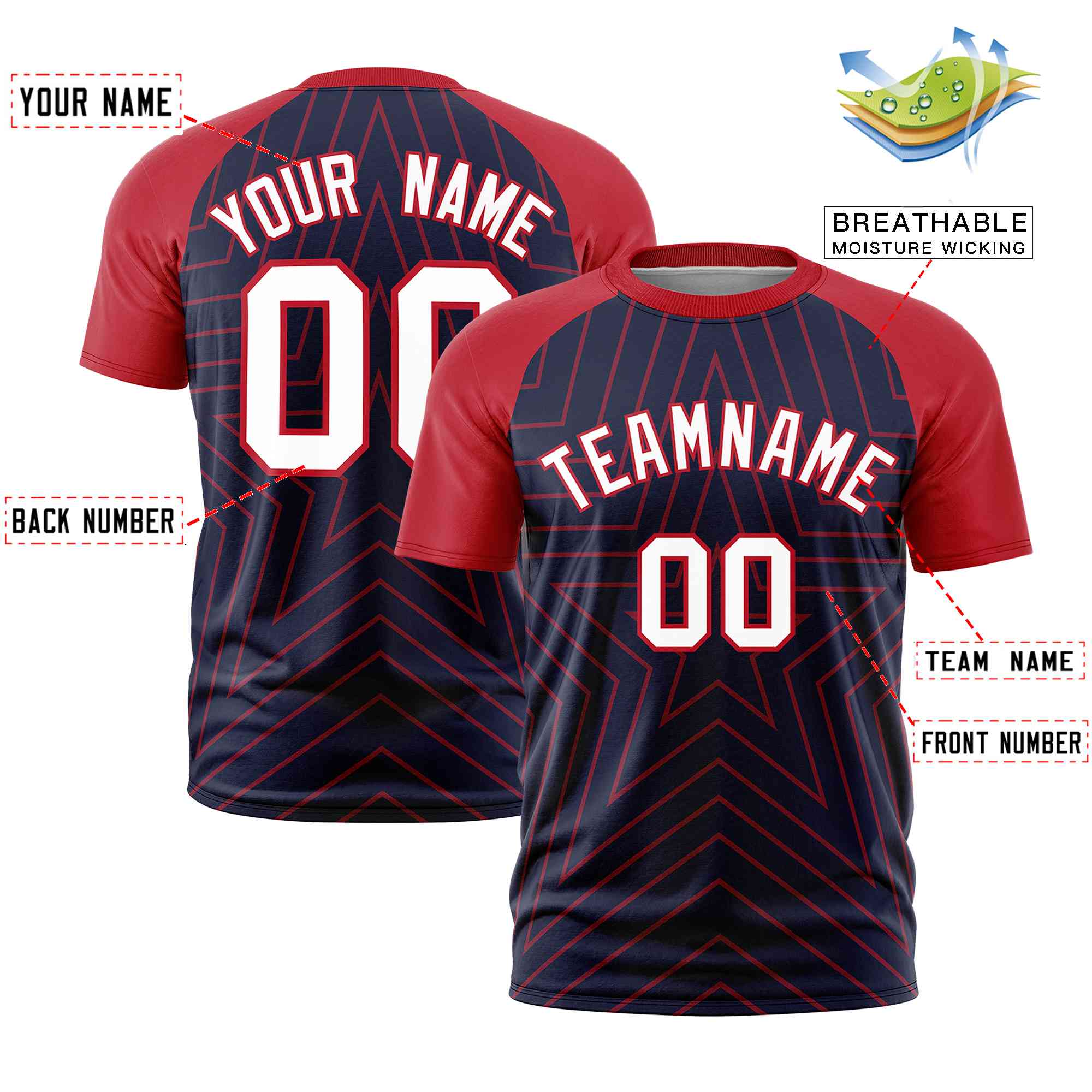 Custom Navy Red Personalized Star Pattern Raglan Sleeves Performance T-Shirt