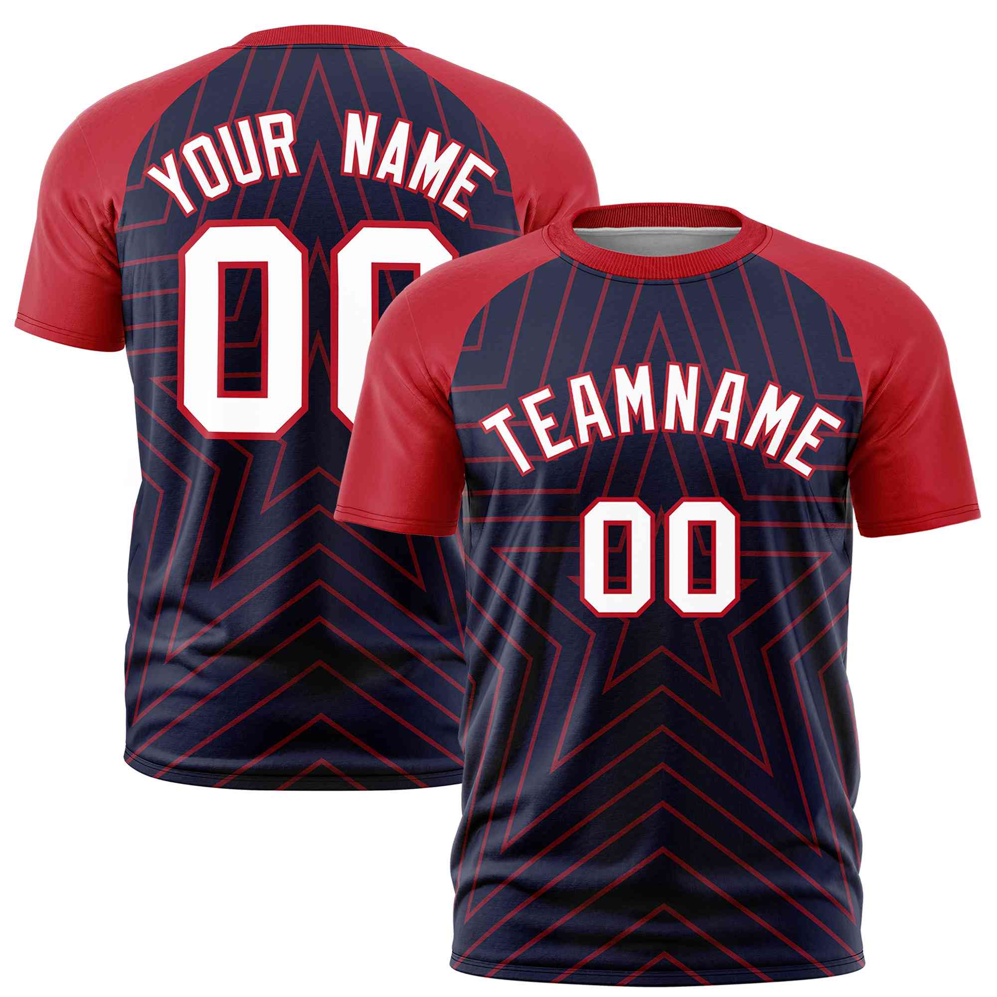 Custom Navy Red Personalized Star Pattern Raglan Sleeves Performance T-Shirt