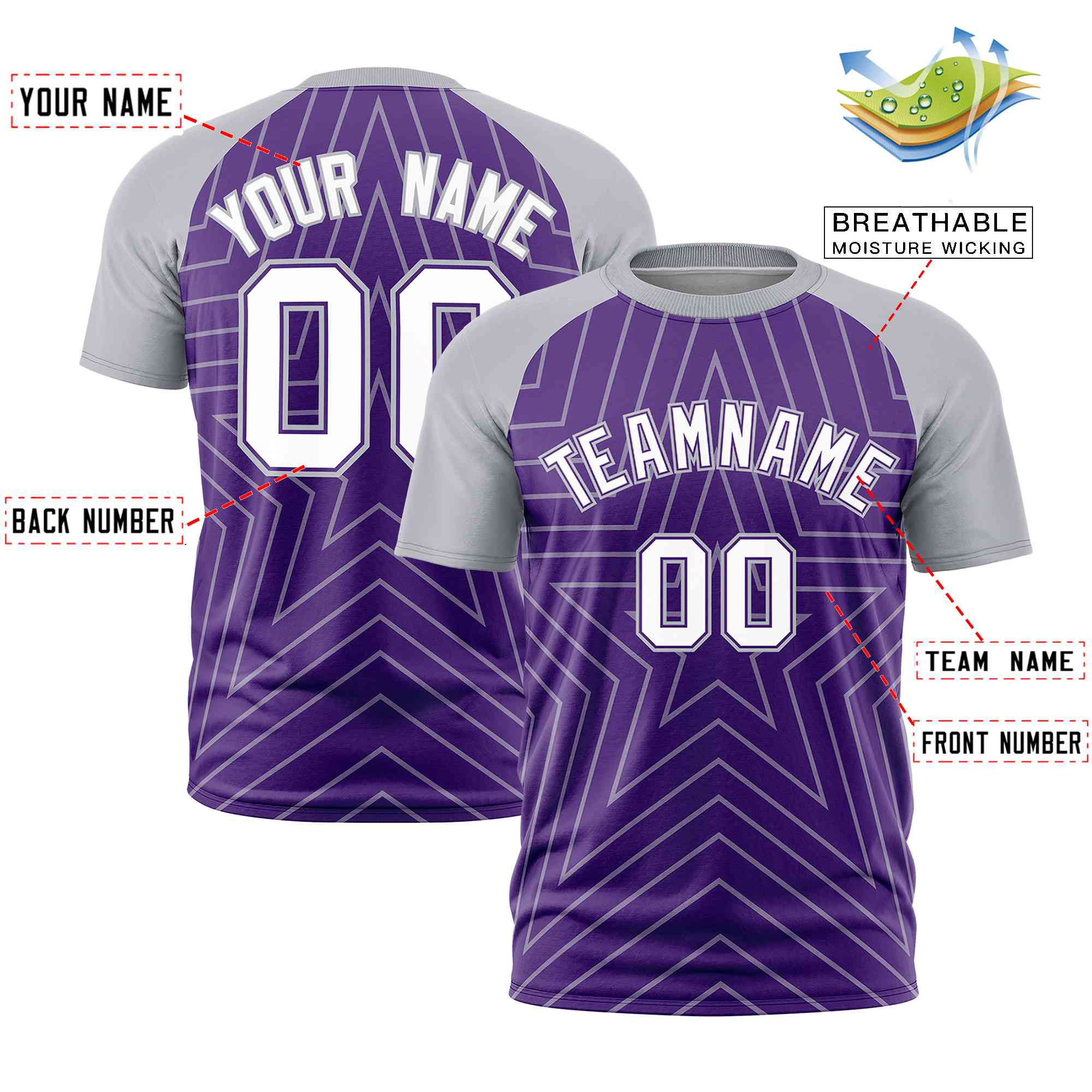 Custom Purple Gray Personalized Star Pattern Raglan Sleeves Performance T-Shirt