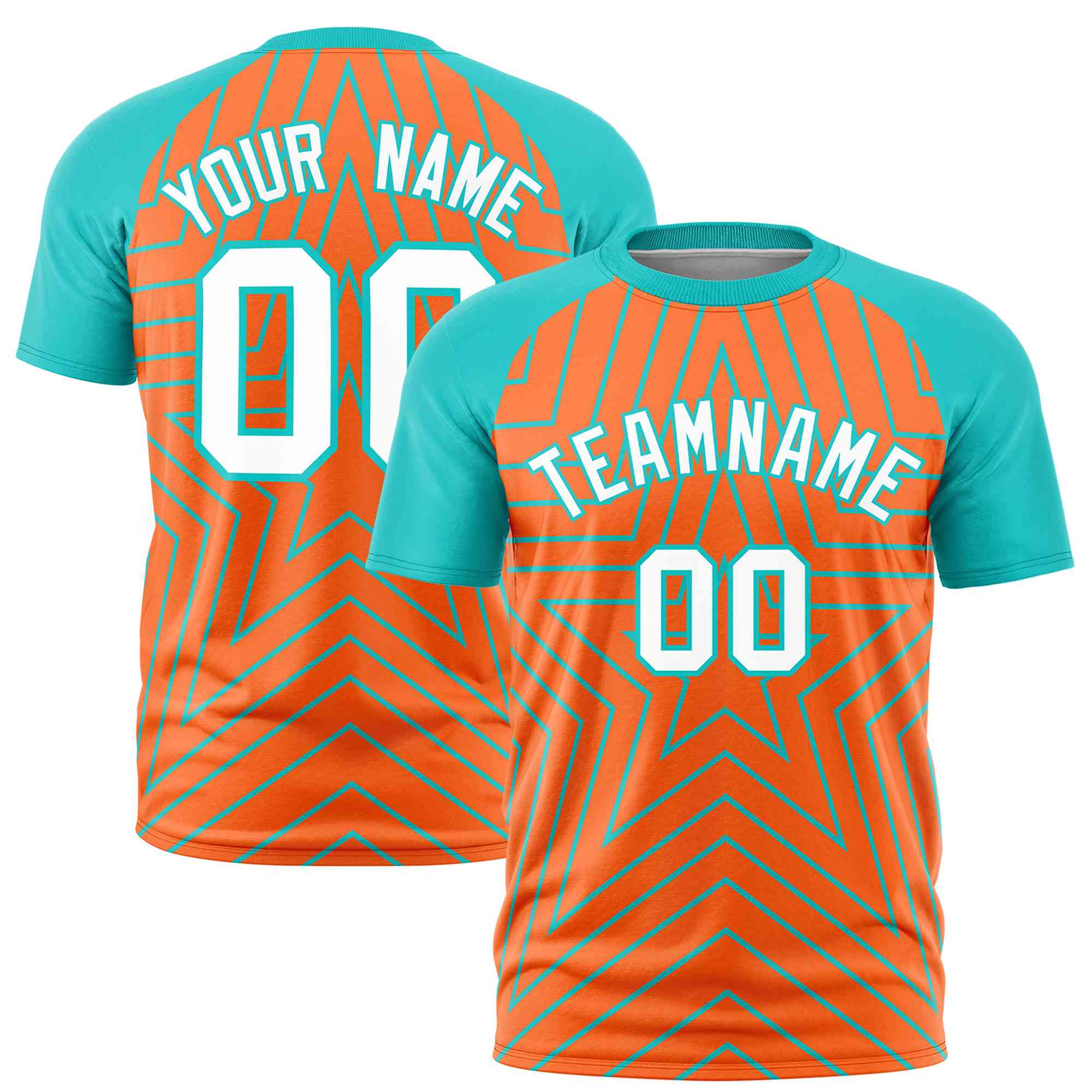 Custom Orange Aqua Personalized Star Pattern Raglan Sleeves Performance T-Shirt