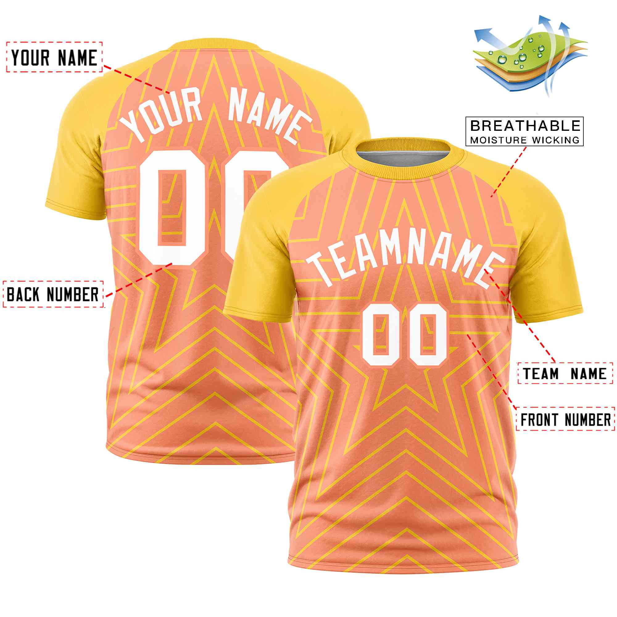 Custom Light Orange Gold Personalized Star Pattern Raglan Sleeves Performance T-Shirt