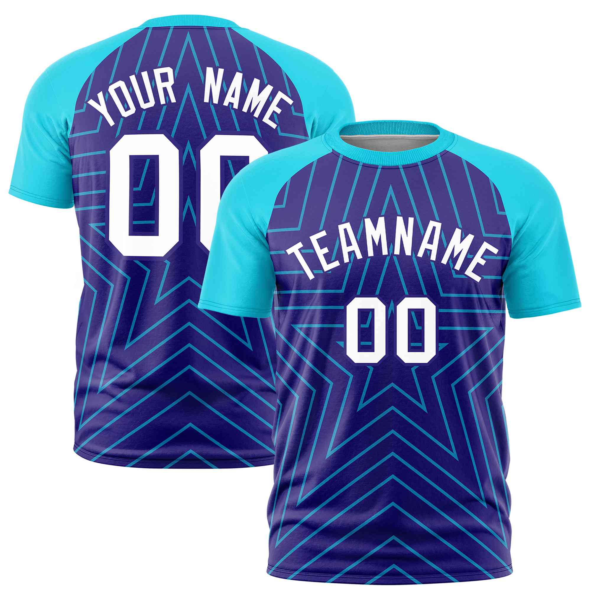 Custom Violet Sky Blue Personalized Star Pattern Raglan Sleeves Performance T-Shirt