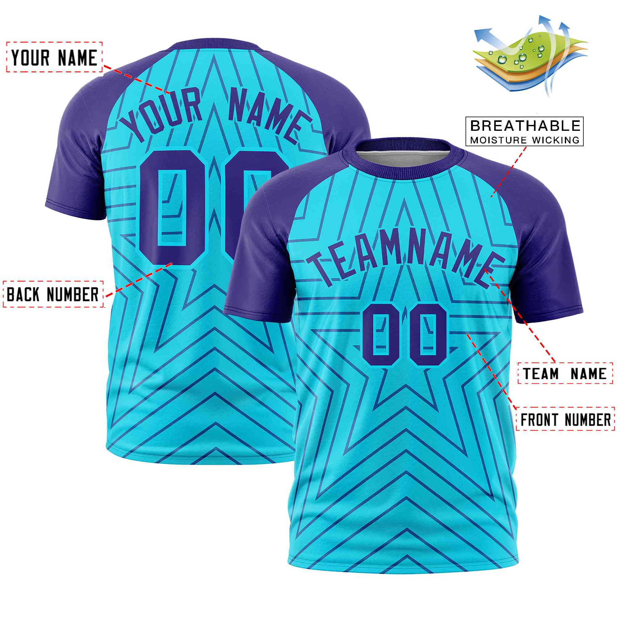 Custom Sky Blue Violet Personalized Star Pattern Raglan Sleeves Performance T-Shirt