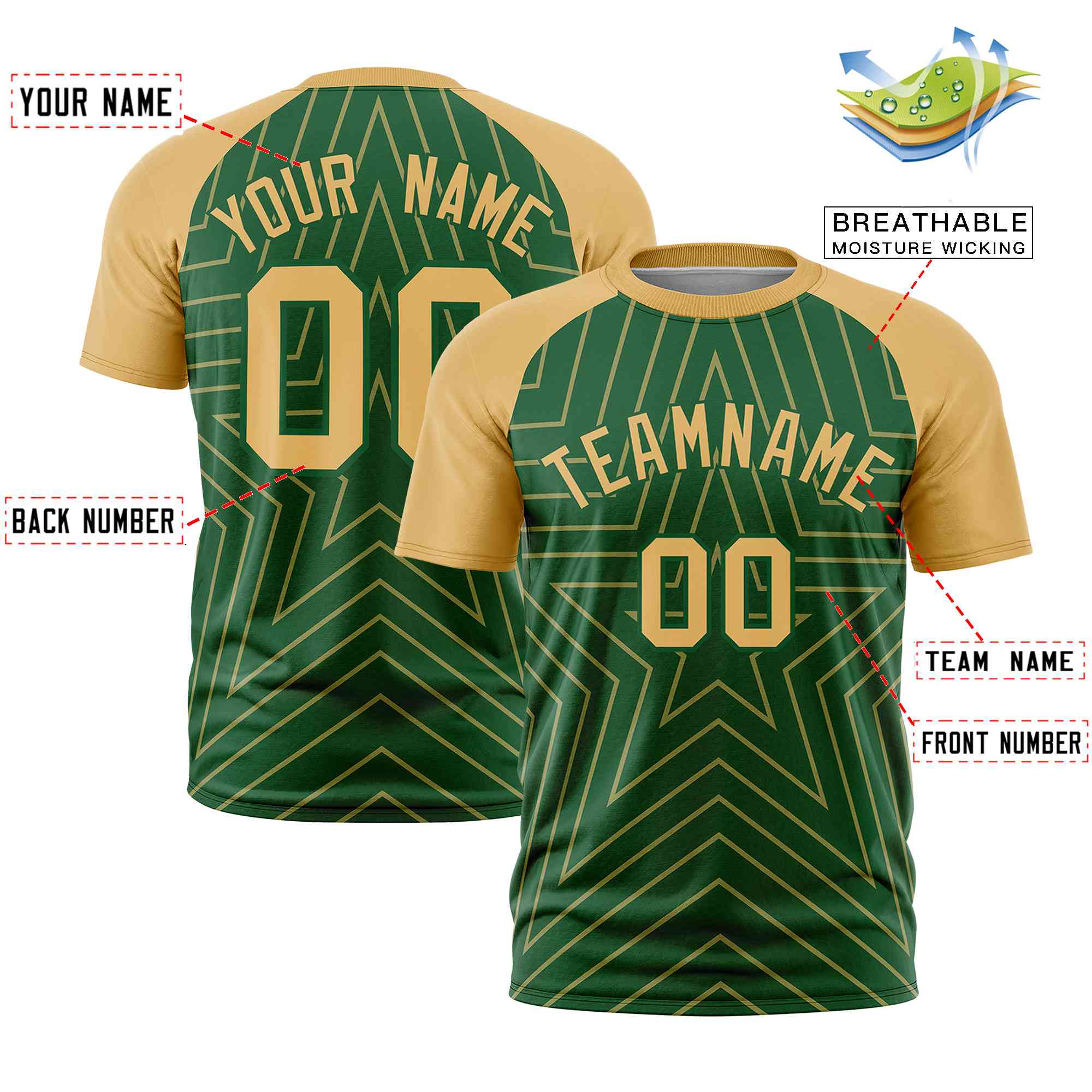 Custom Green Old Gold Personalized Star Pattern Raglan Sleeves Performance T-Shirt