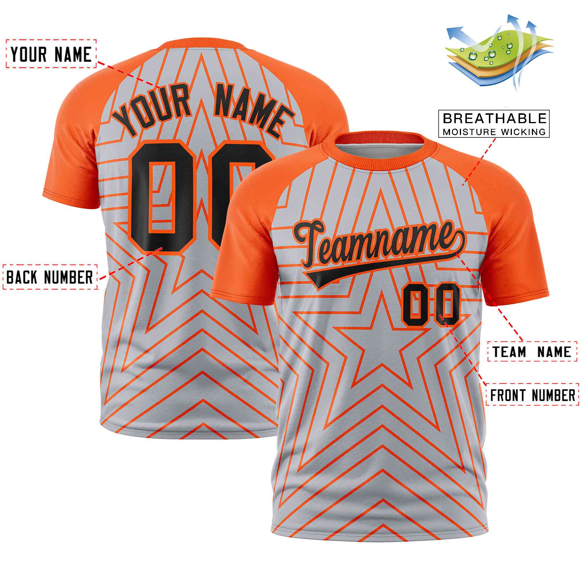 Custom Gray Orange Personalized Star Pattern Raglan Sleeves Performance T-Shirt