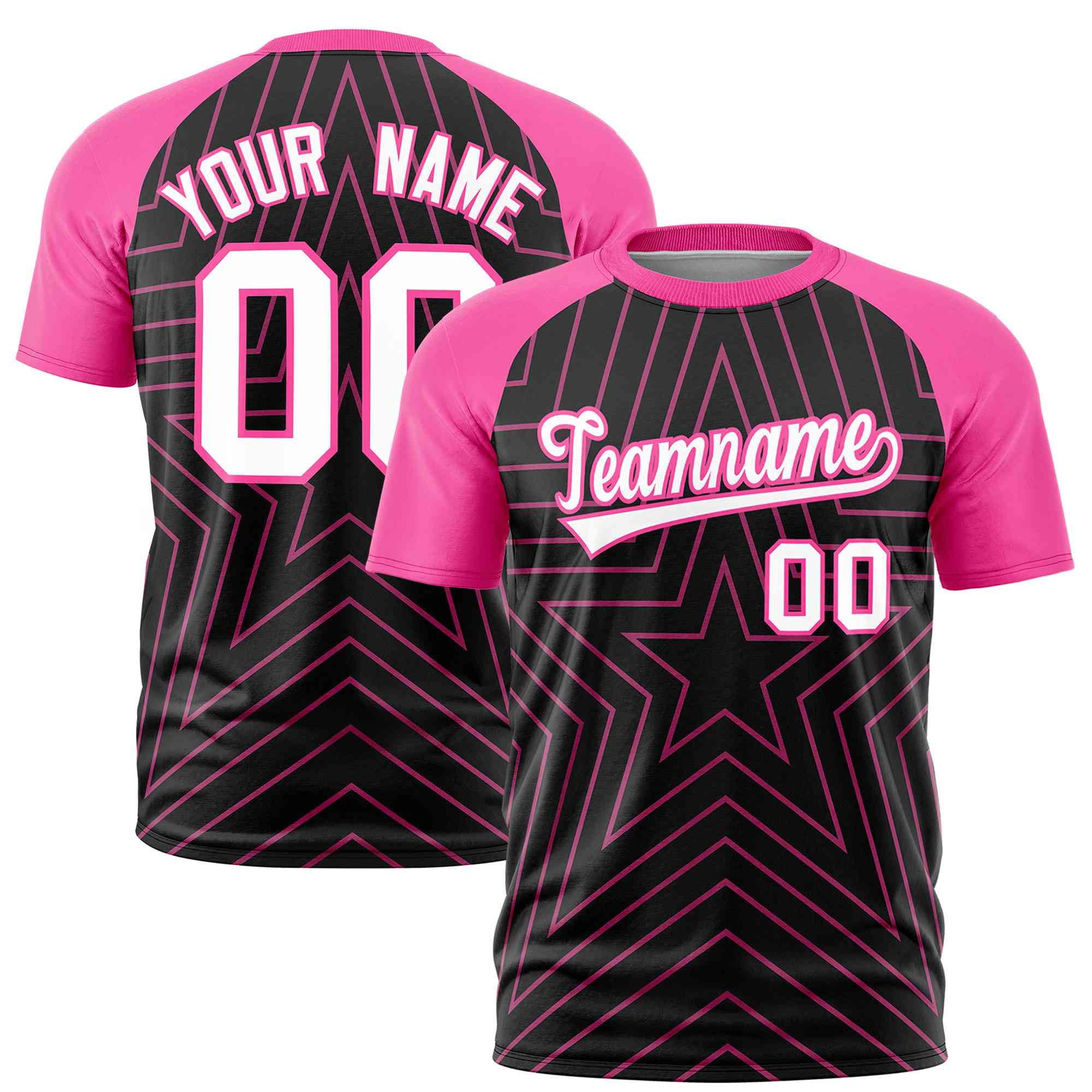 Custom Black Pink Personalized Star Pattern Raglan Sleeves Performance T-Shirt