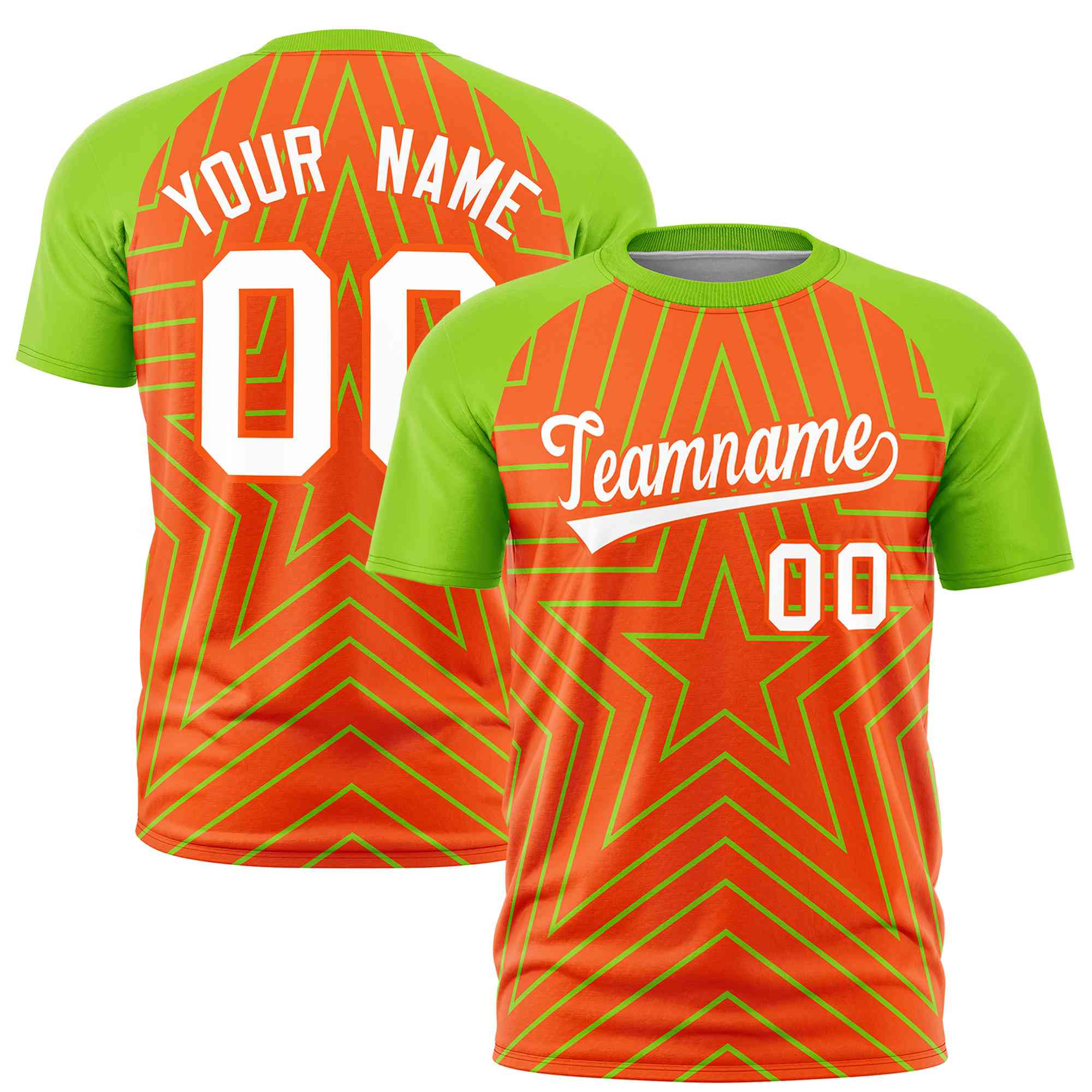 Custom Orange Neon Green Personalized Star Pattern Raglan Sleeves Performance T-Shirt