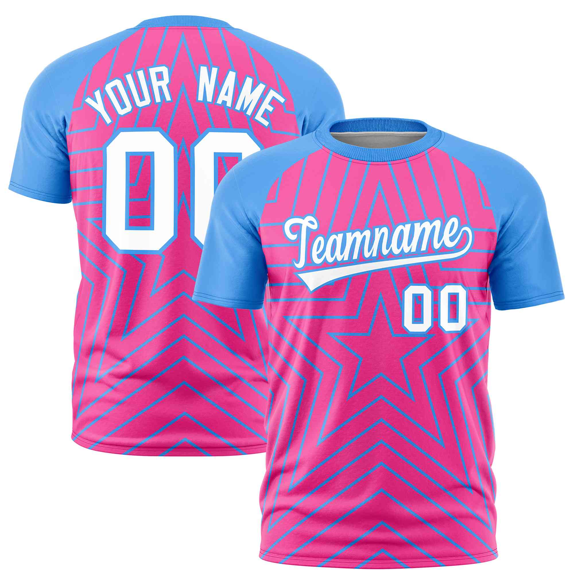 Custom Pink Powder Blue Personalized Star Pattern Raglan Sleeves Performance T-Shirt