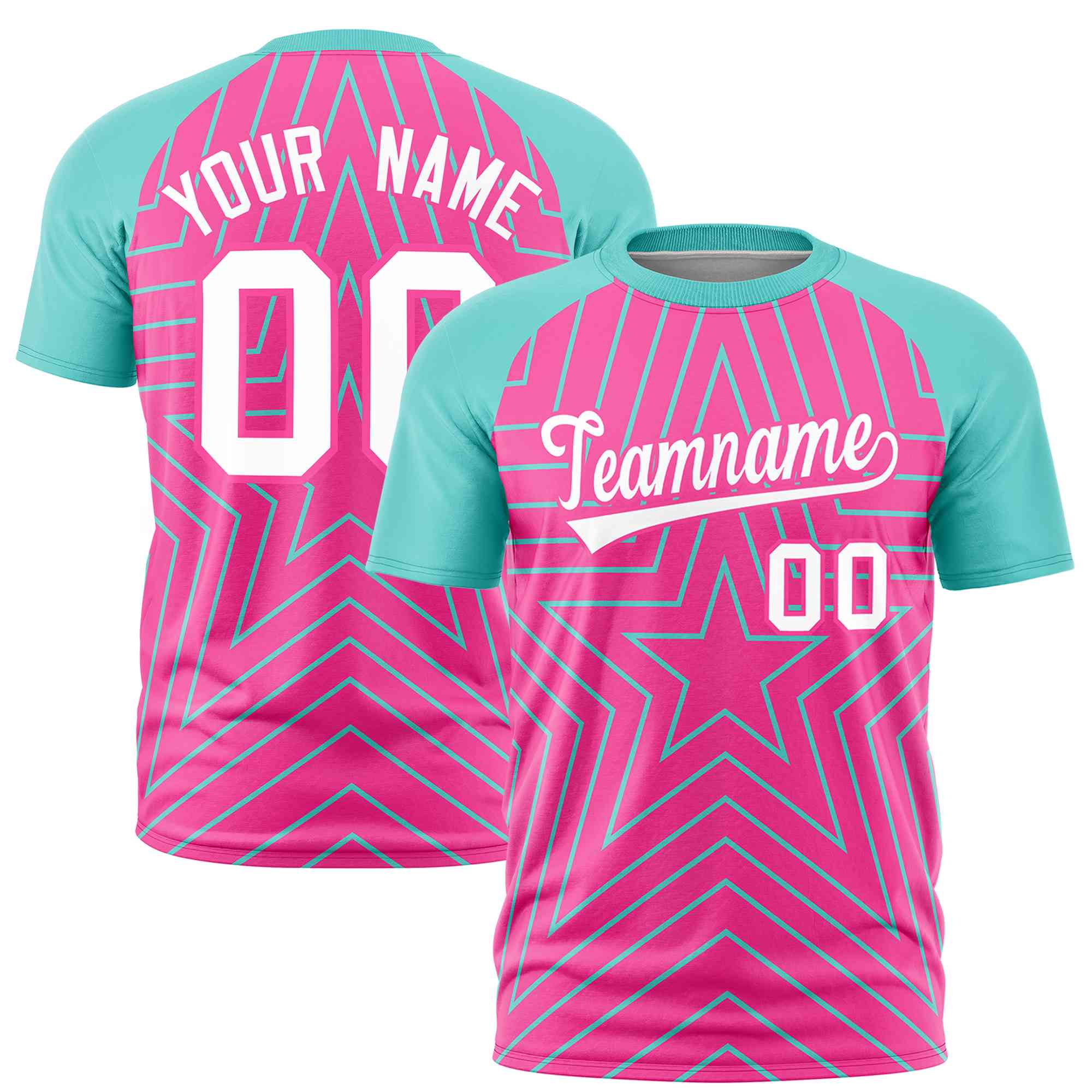 Custom Pink Aqua Personalized Star Pattern Raglan Sleeves Performance T-Shirt