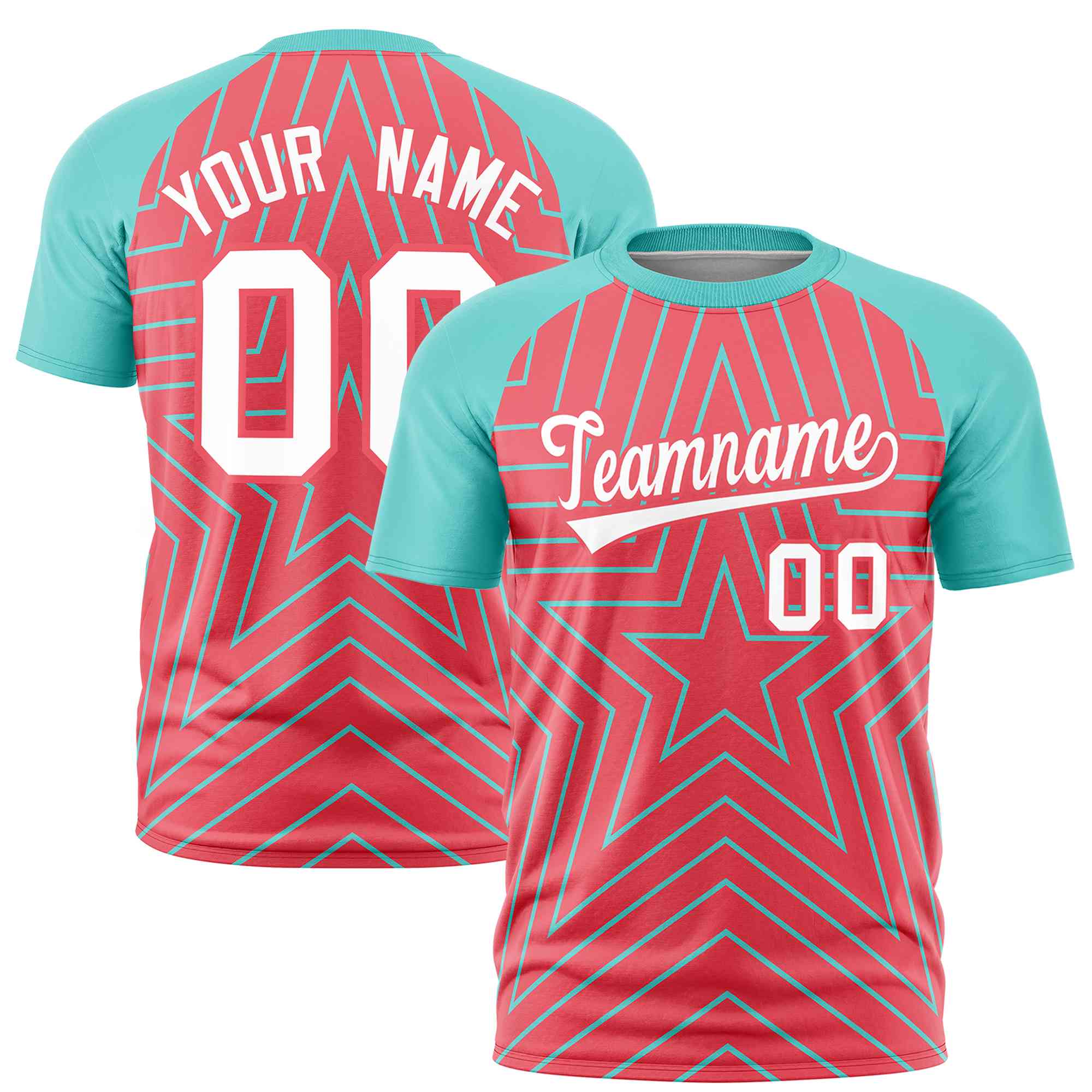 Custom Light Red Aqua Personalized Star Pattern Raglan Sleeves Performance T-Shirt