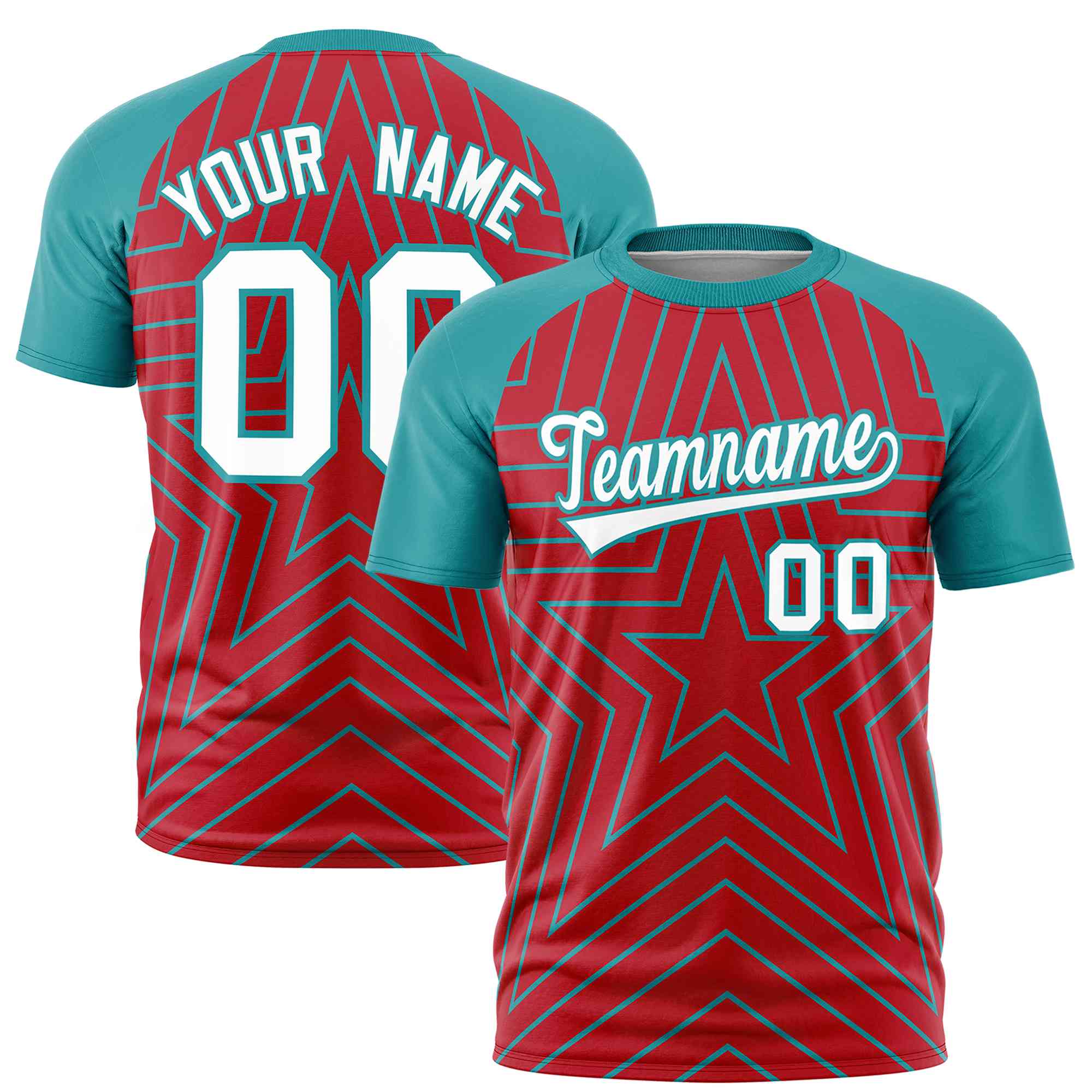 Custom Red Aqua Personalized Star Pattern Raglan Sleeves Performance T-Shirt