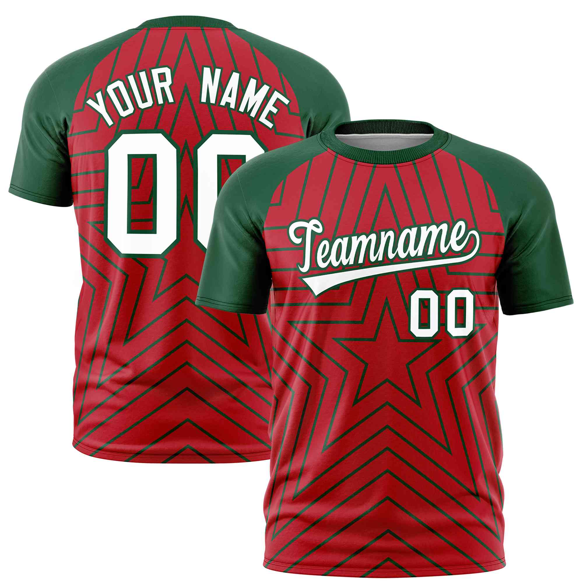 Custom Red Green Personalized Star Pattern Raglan Sleeves Performance T-Shirt