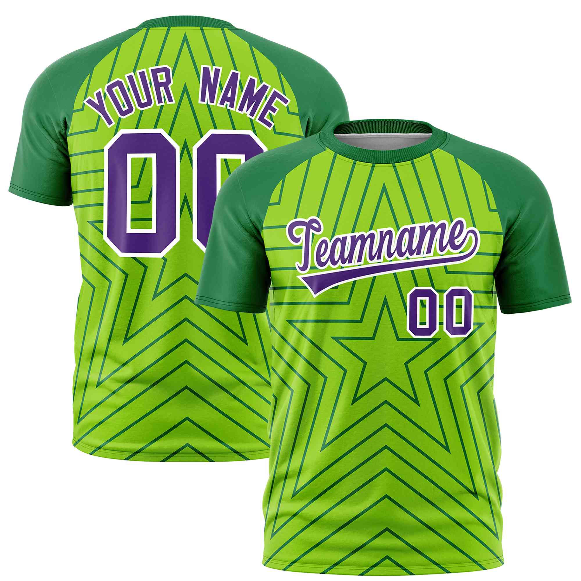 Custom Neon Green Kelly Green Personalized Star Pattern Raglan Sleeves Performance T-Shirt