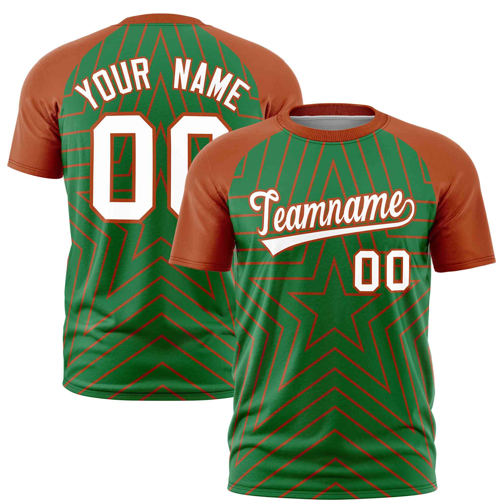 Custom Kelly Green Texas Orange Personalized Star Pattern Raglan Sleeves Performance T-Shirt