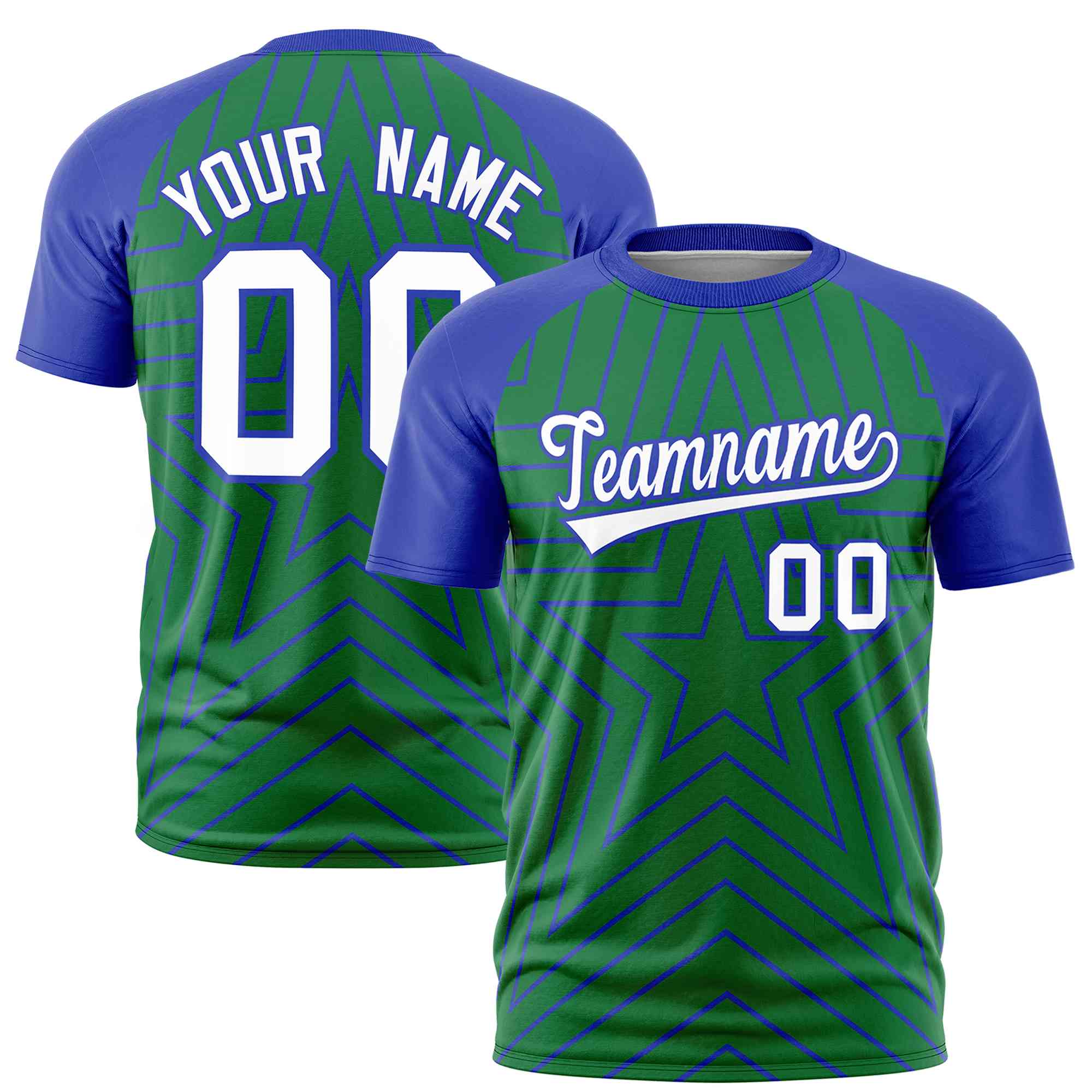 Custom Kelly Green Royal Personalized Star Pattern Raglan Sleeves Performance T-Shirt