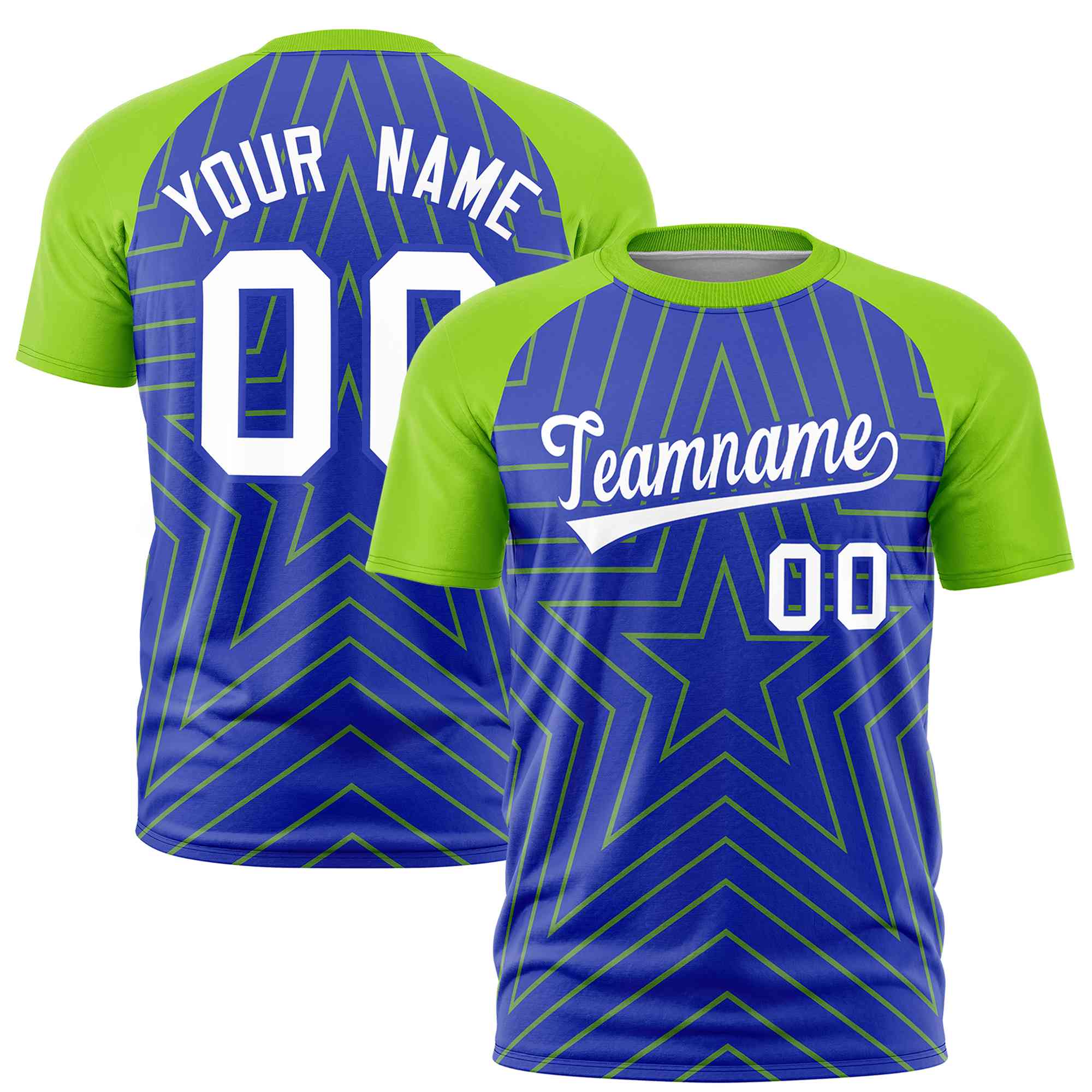 Custom Royal Neon Green Personalized Star Pattern Raglan Sleeves Performance T-Shirt