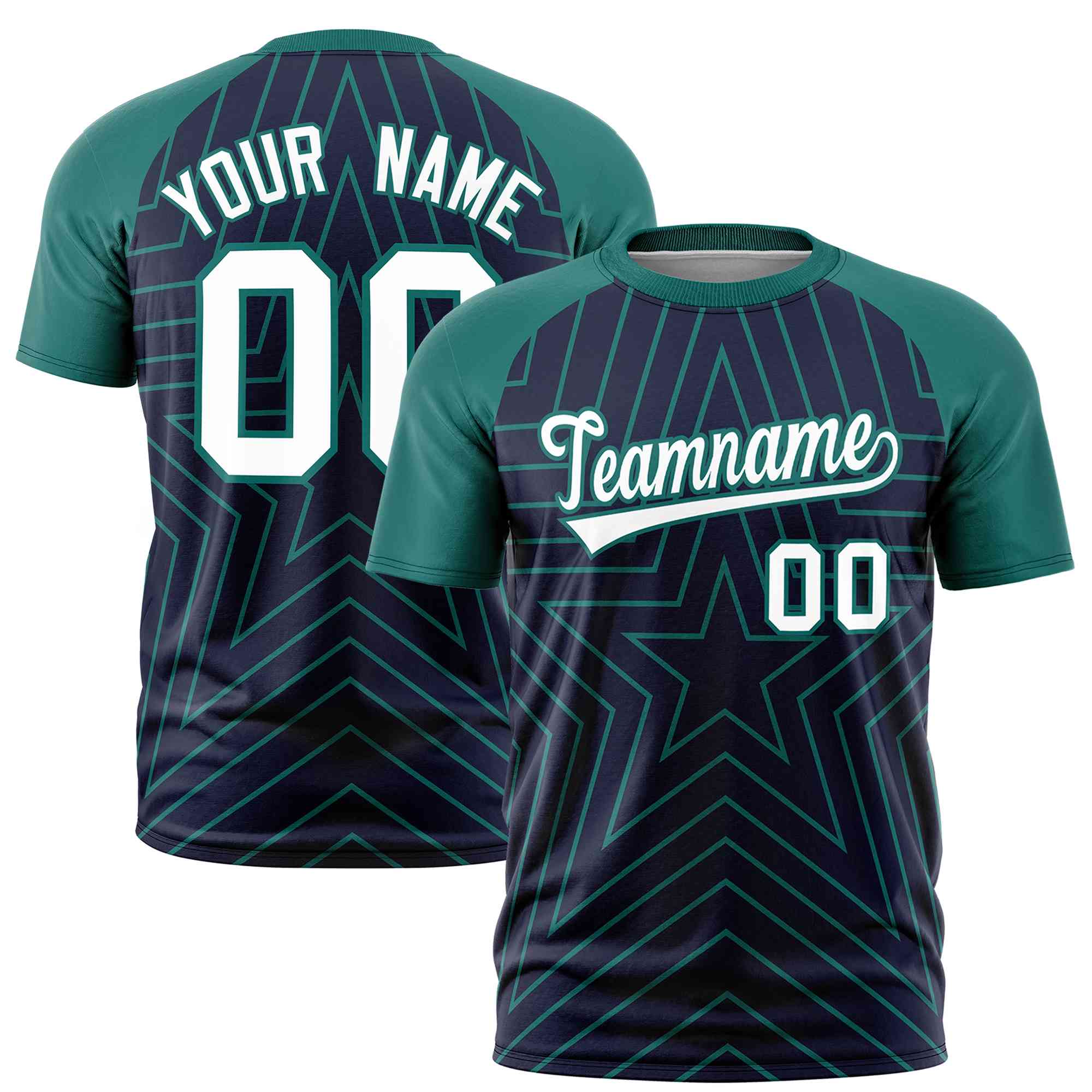 Custom Navy Aqua Personalized Star Pattern Raglan Sleeves Performance T-Shirt