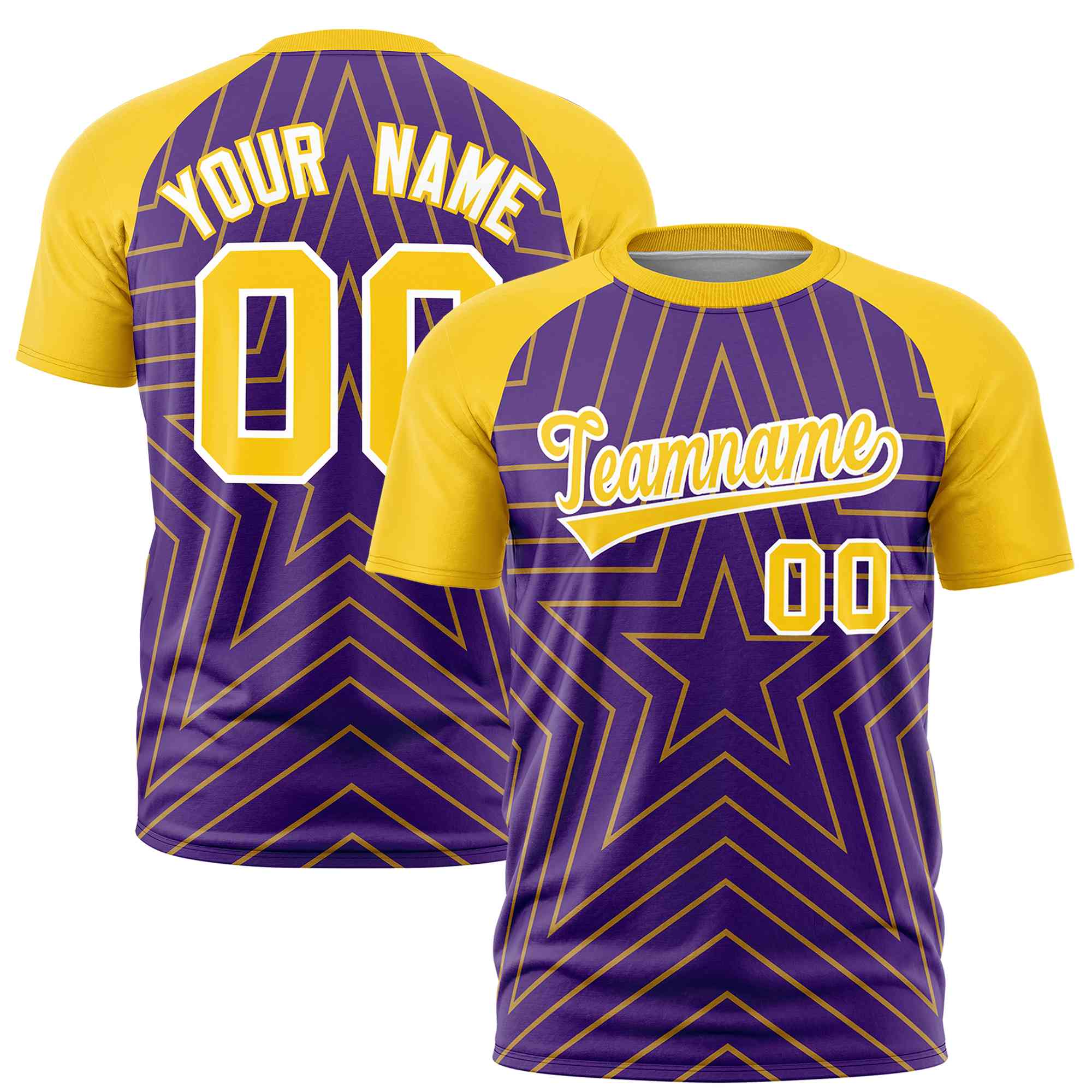 Custom Purple Gold Personalized Star Pattern Raglan Sleeves Performance T-Shirt