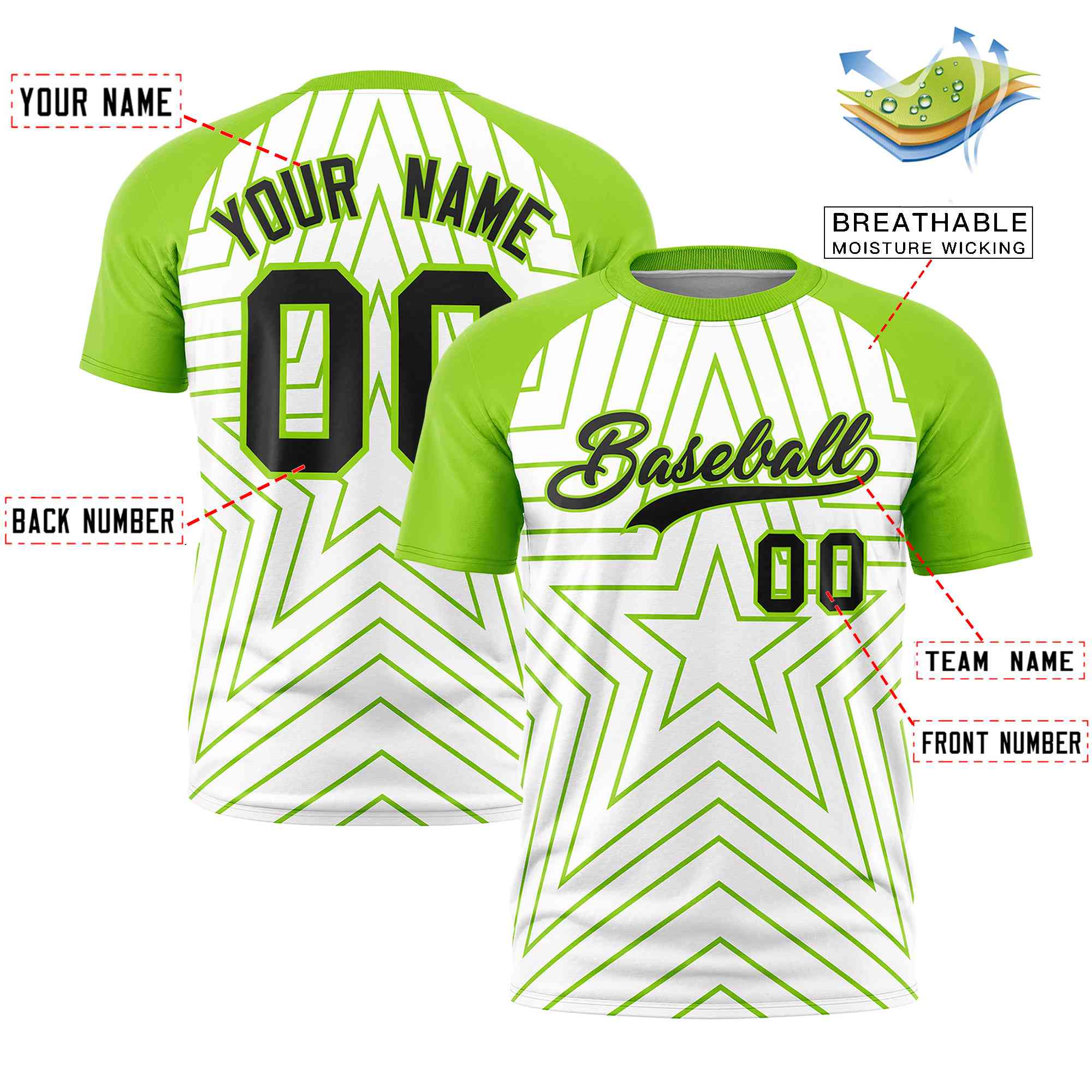 Custom White Neon Green Personalized Star Pattern Raglan Sleeves Performance T-Shirt