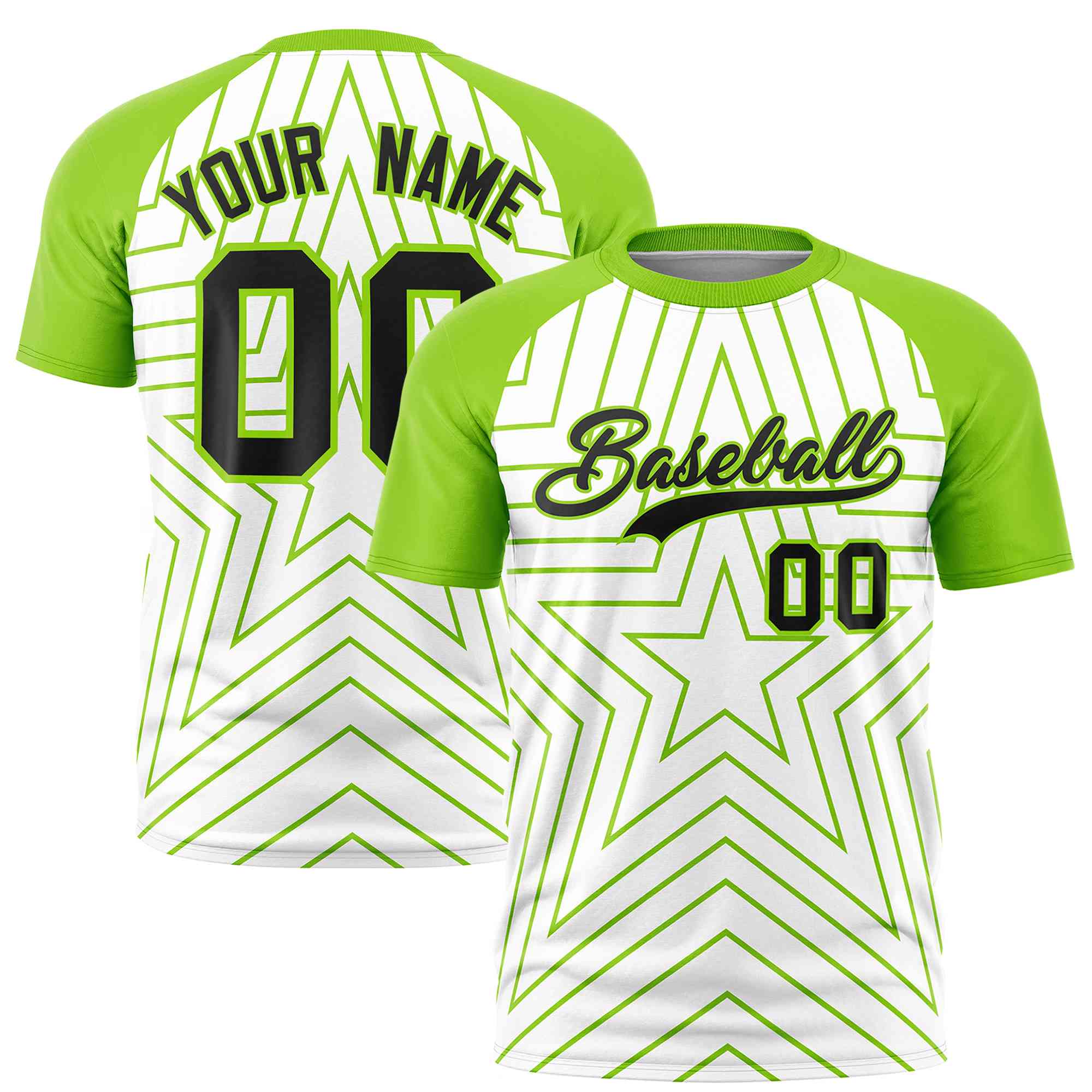 Custom White Neon Green Personalized Star Pattern Raglan Sleeves Performance T-Shirt