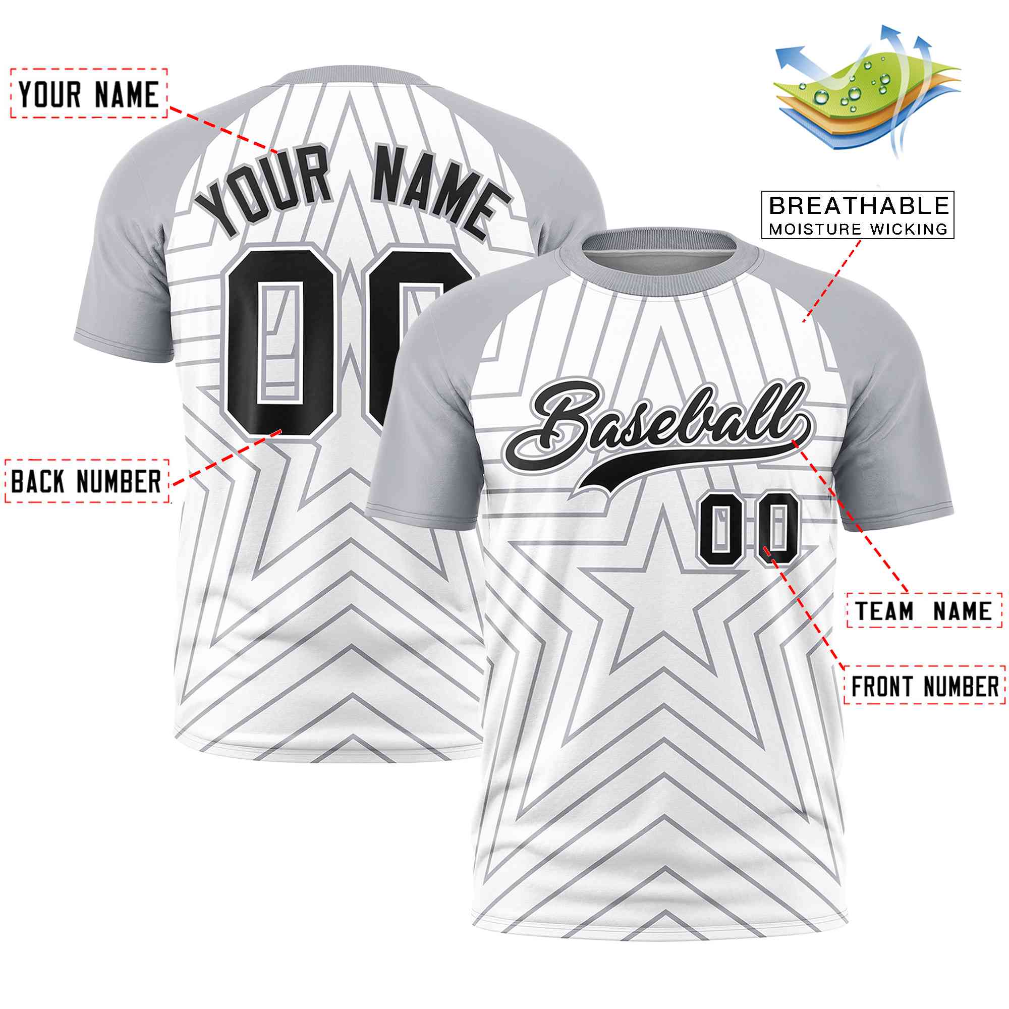 Custom White Gray Personalized Star Pattern Raglan Sleeves Performance T-Shirt