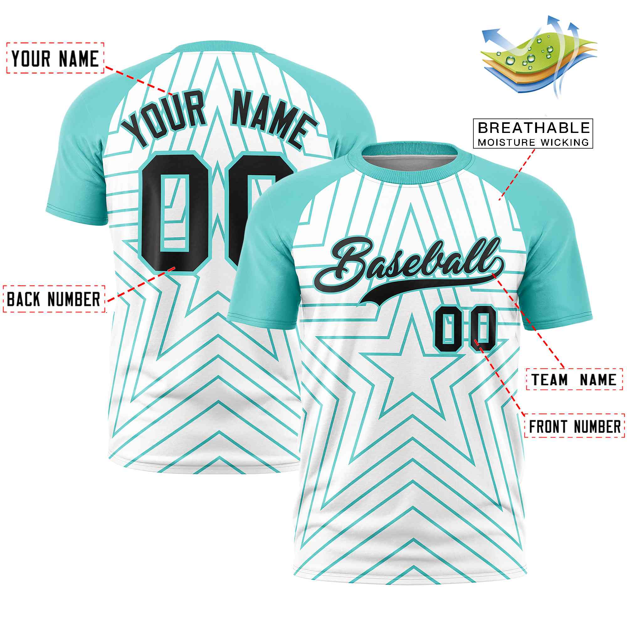 Custom White Aqua Personalized Star Pattern Raglan Sleeves Performance T-Shirt