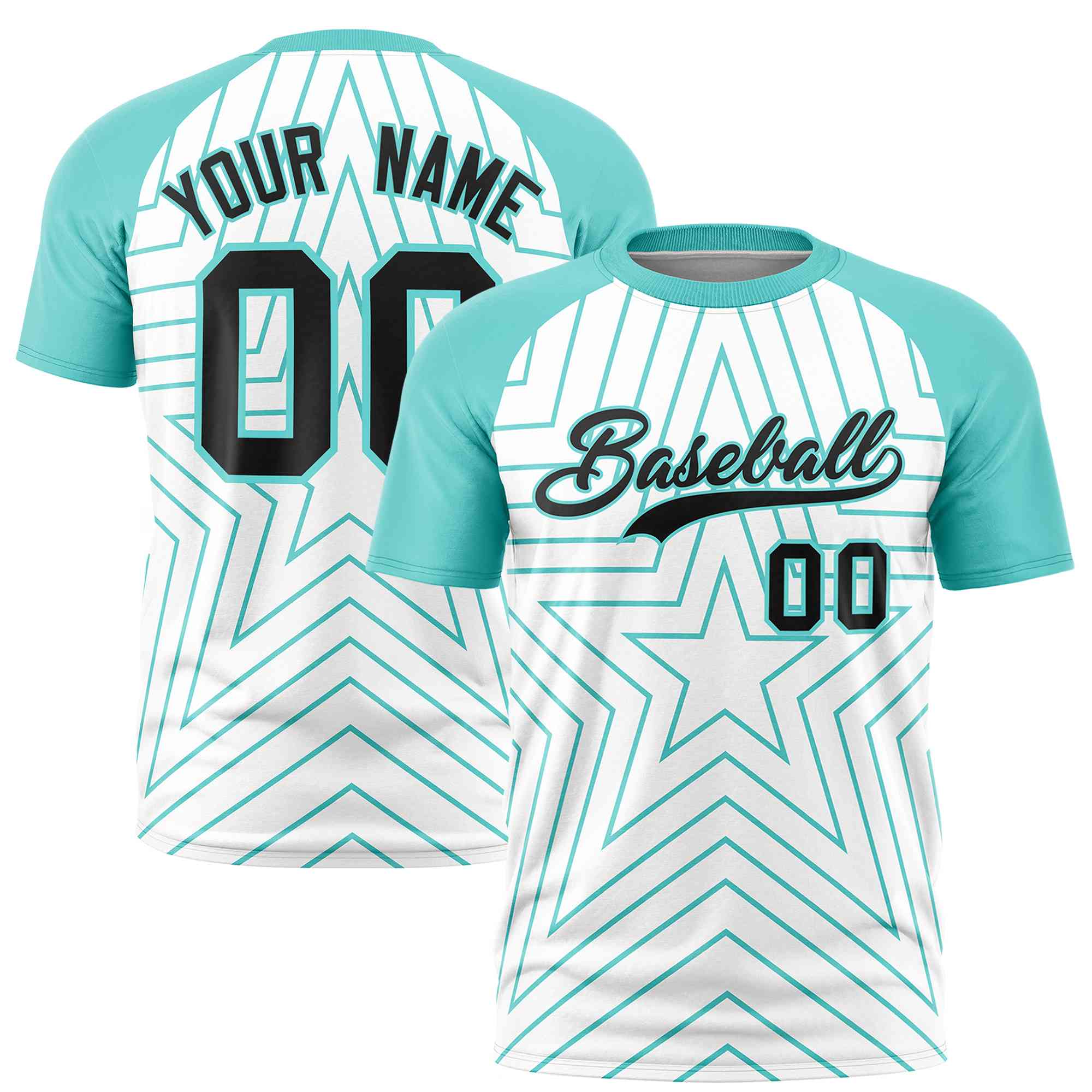 Custom White Aqua Personalized Star Pattern Raglan Sleeves Performance T-Shirt