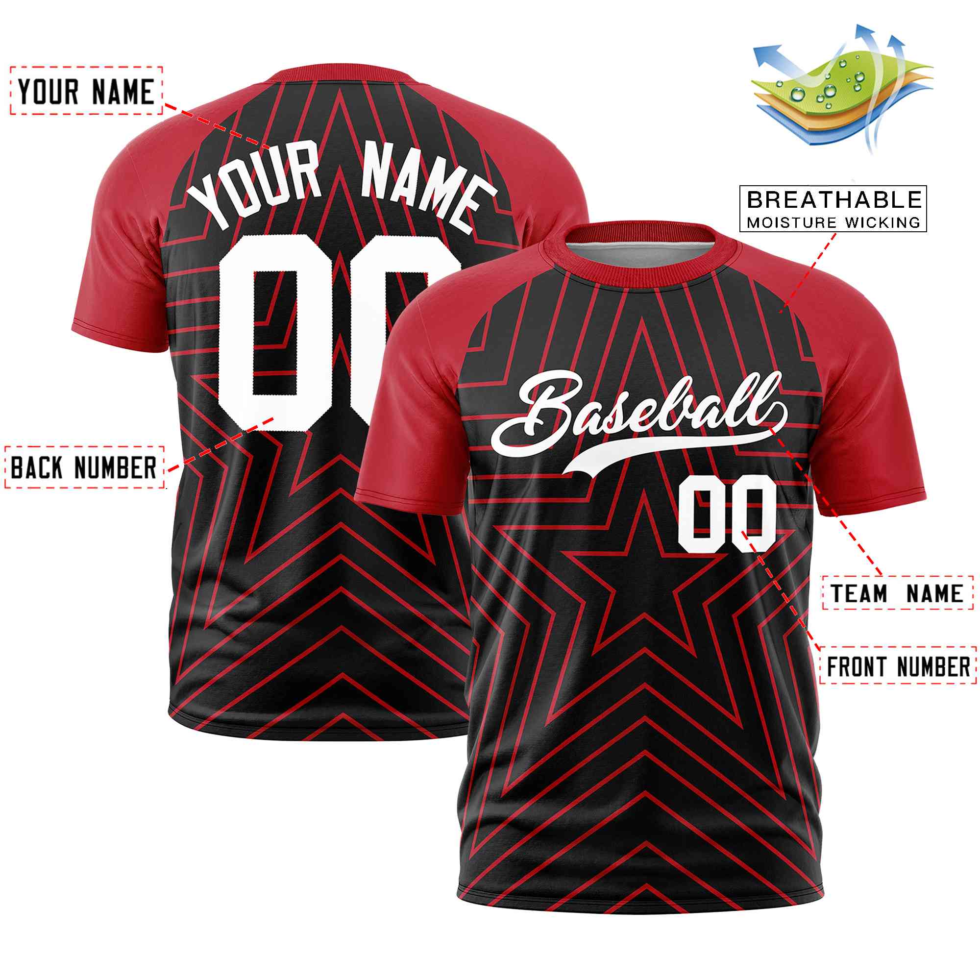 Custom Black Red Personalized Star Pattern Raglan Sleeves Performance T-Shirt