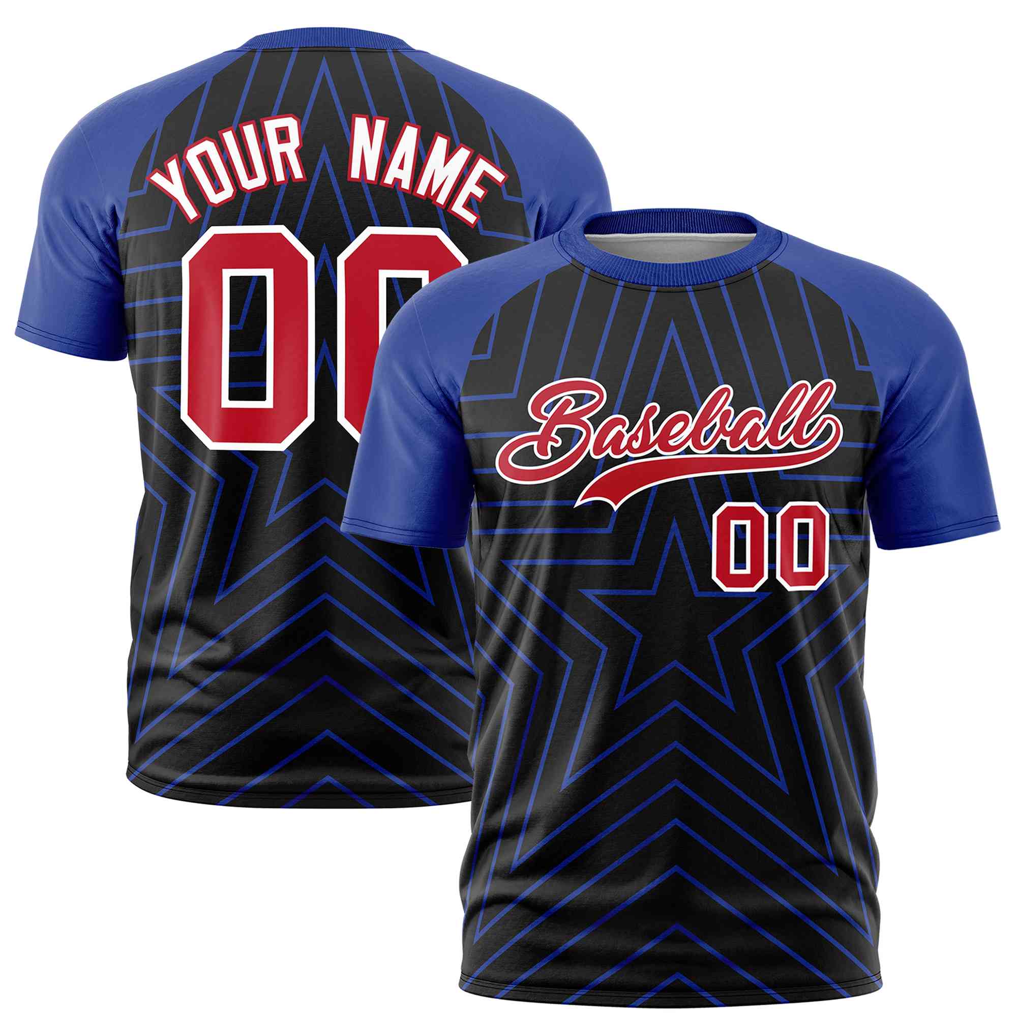 Custom Black Royal Personalized Star Pattern Raglan Sleeves Performance T-Shirt