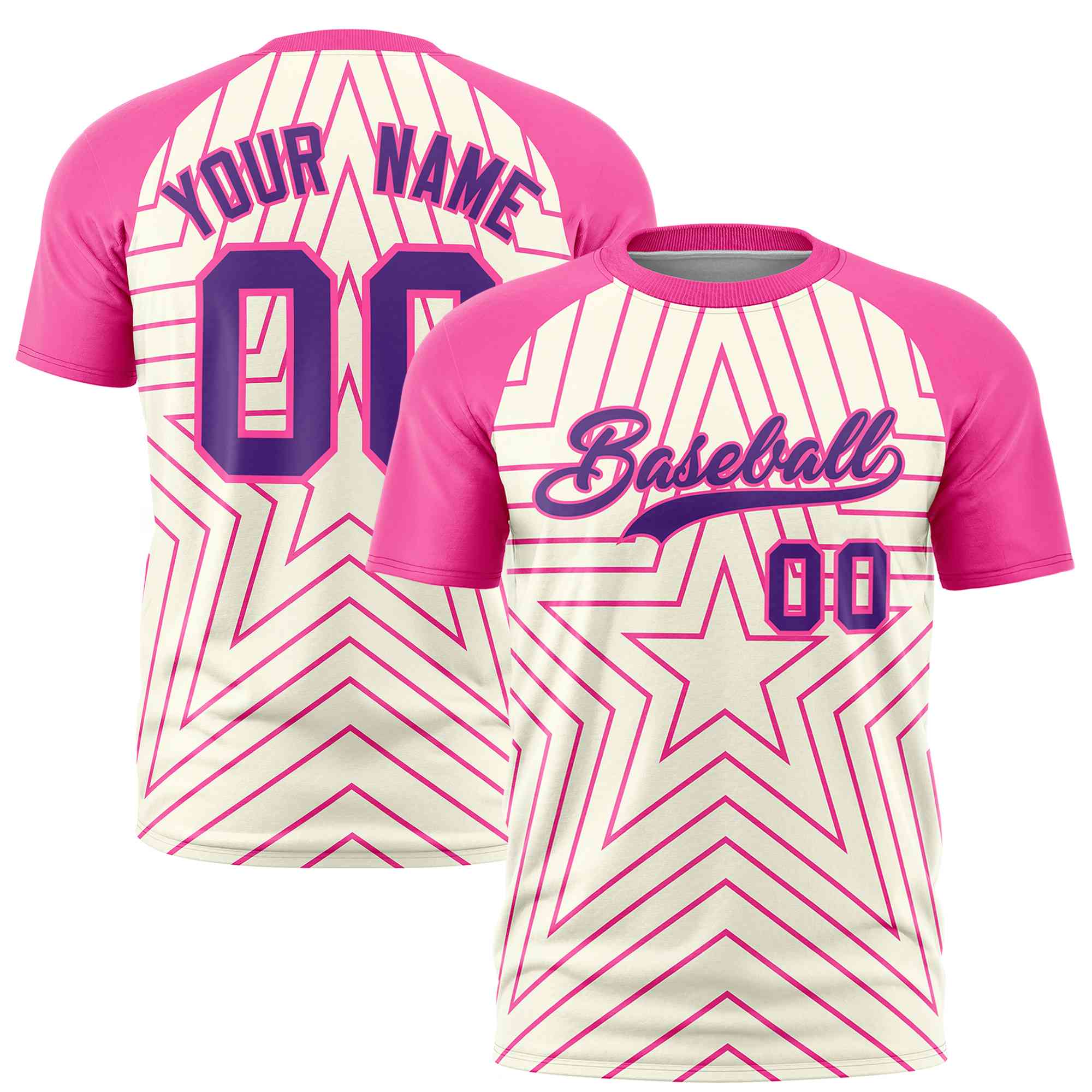 Custom Cream Pink Personalized Star Pattern Raglan Sleeves Performance T-Shirt