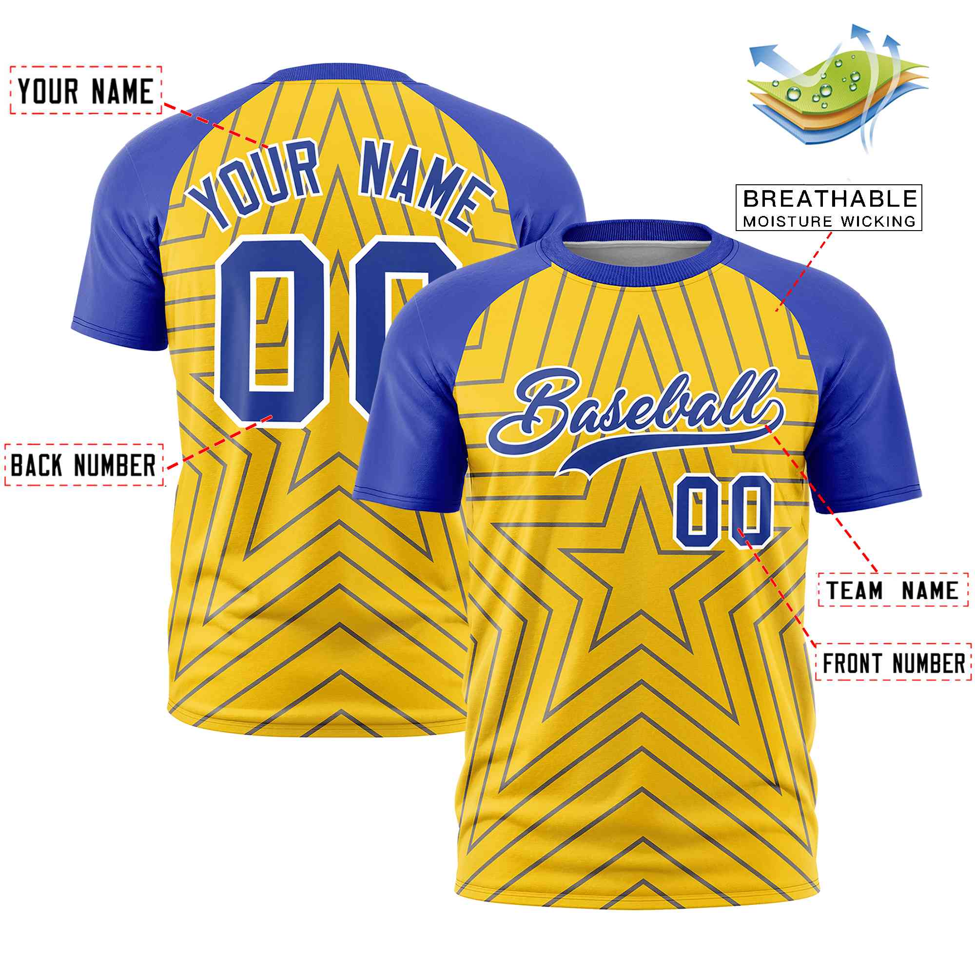 Custom Gold Royal Personalized Star Pattern Raglan Sleeves Performance T-Shirt