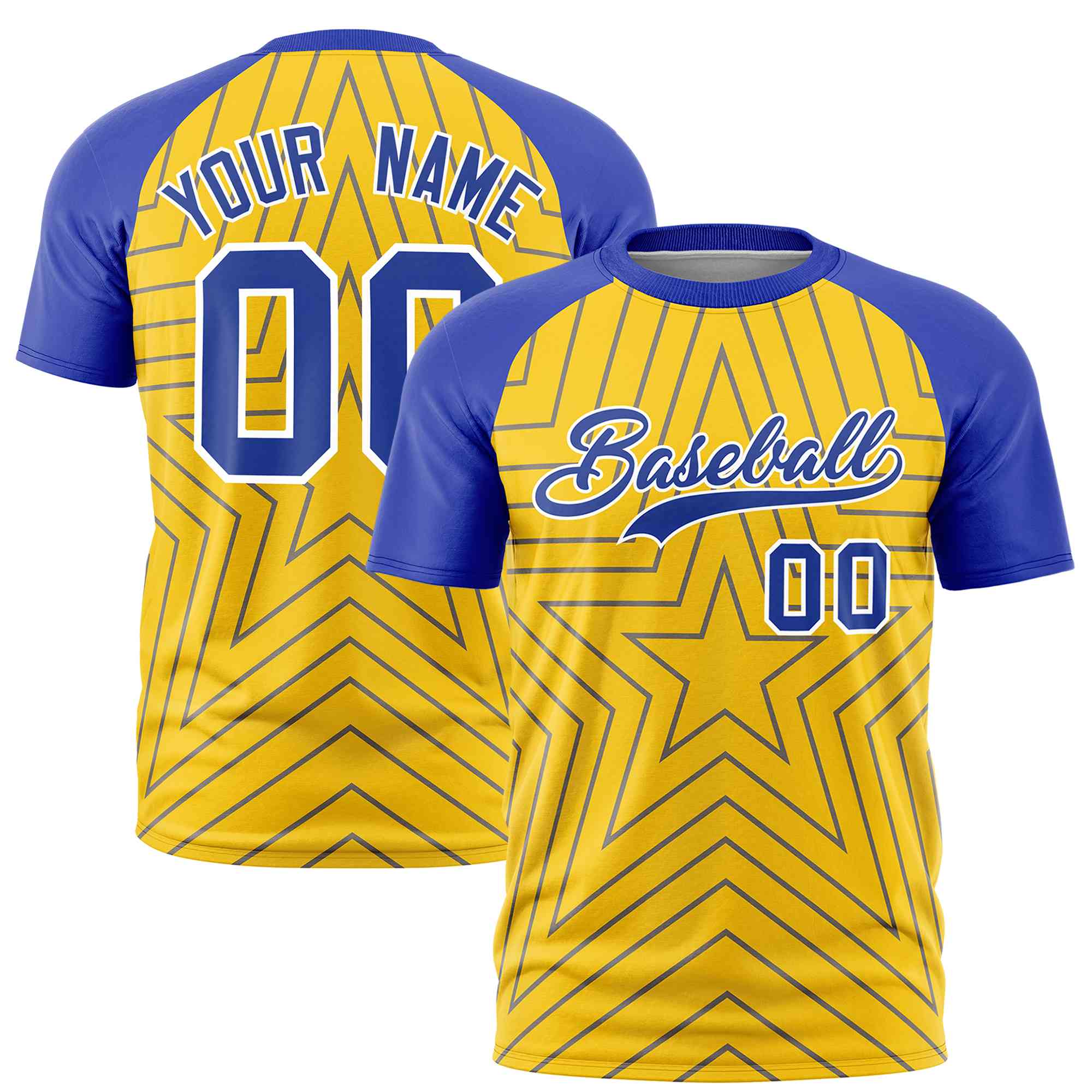 Custom Gold Royal Personalized Star Pattern Raglan Sleeves Performance T-Shirt