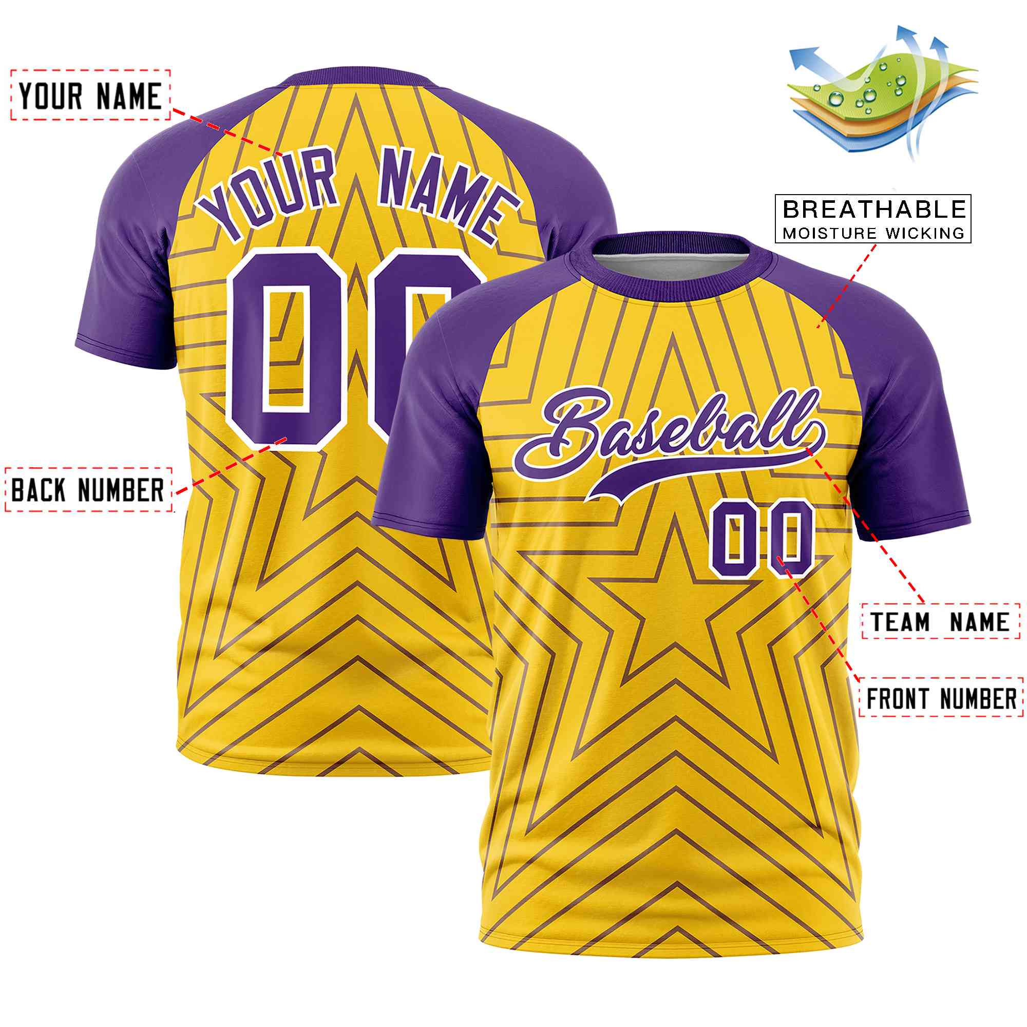 Custom Gold Purple Personalized Star Pattern Raglan Sleeves Performance T-Shirt