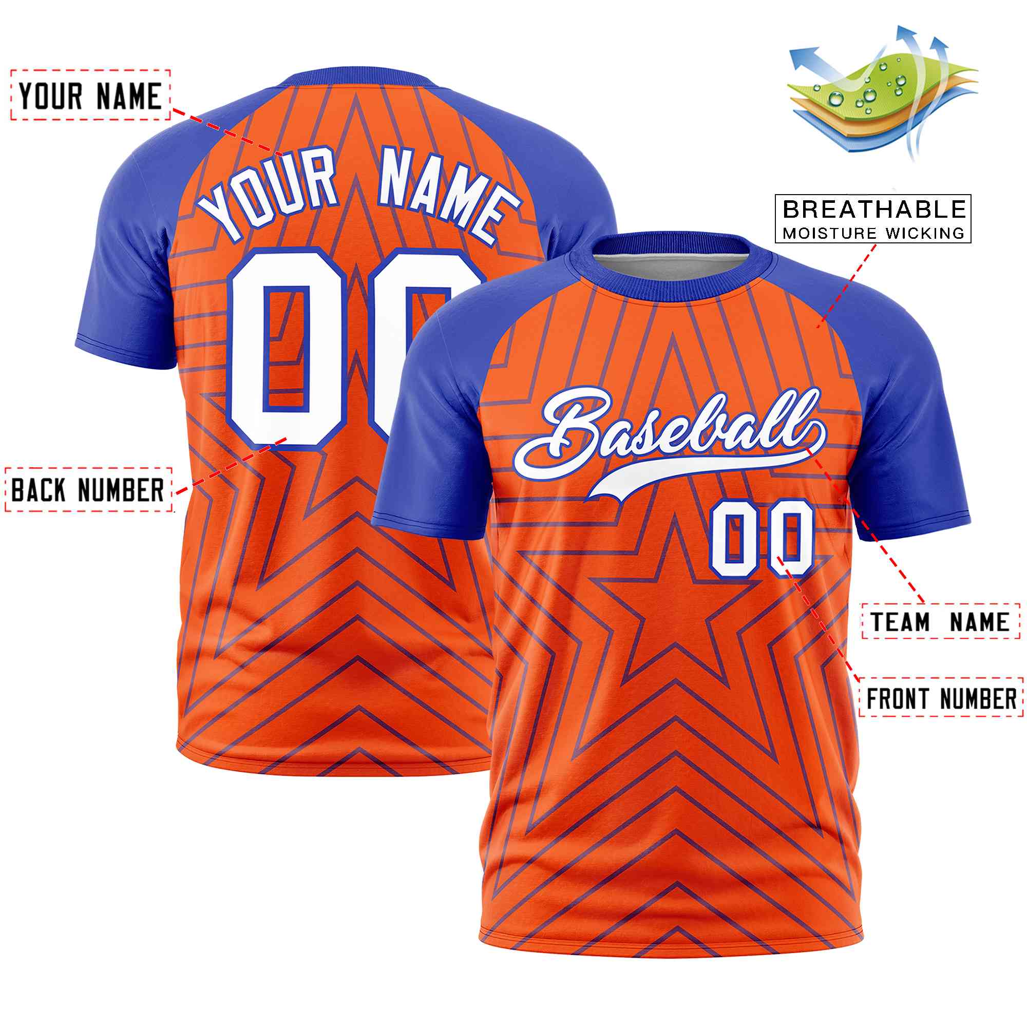 Custom Orange Royal Personalized Star Pattern Raglan Sleeves Performance T-Shirt