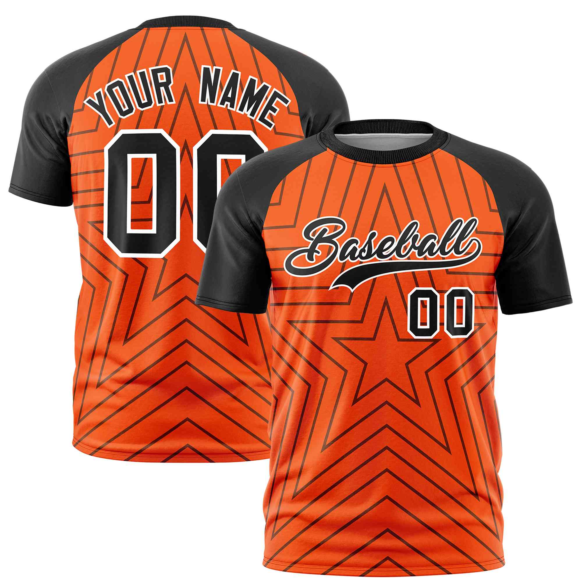 Custom Orange Black Personalized Star Pattern Raglan Sleeves Performance T-Shirt