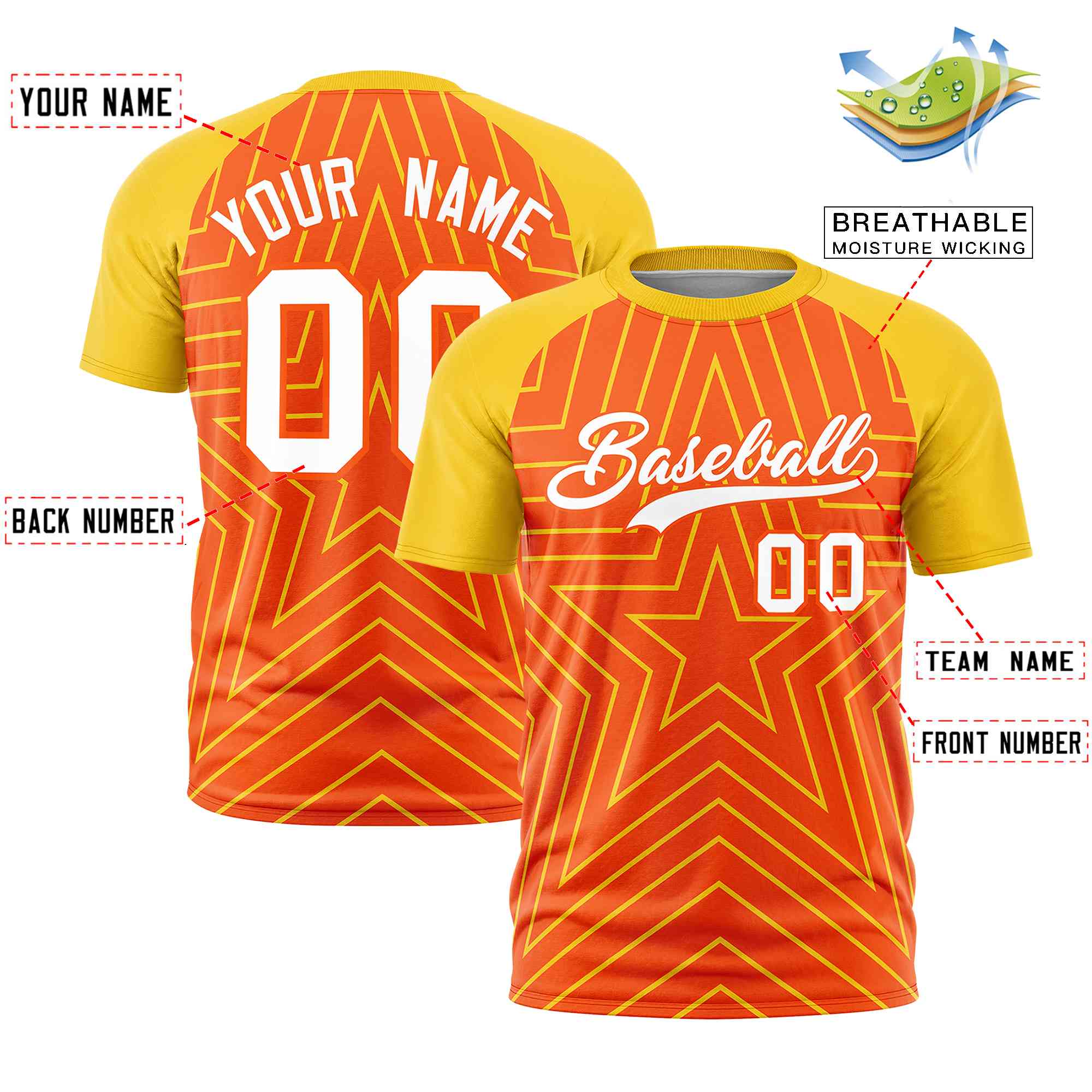 Custom Orange Gold Personalized Star Pattern Raglan Sleeves Performance T-Shirt