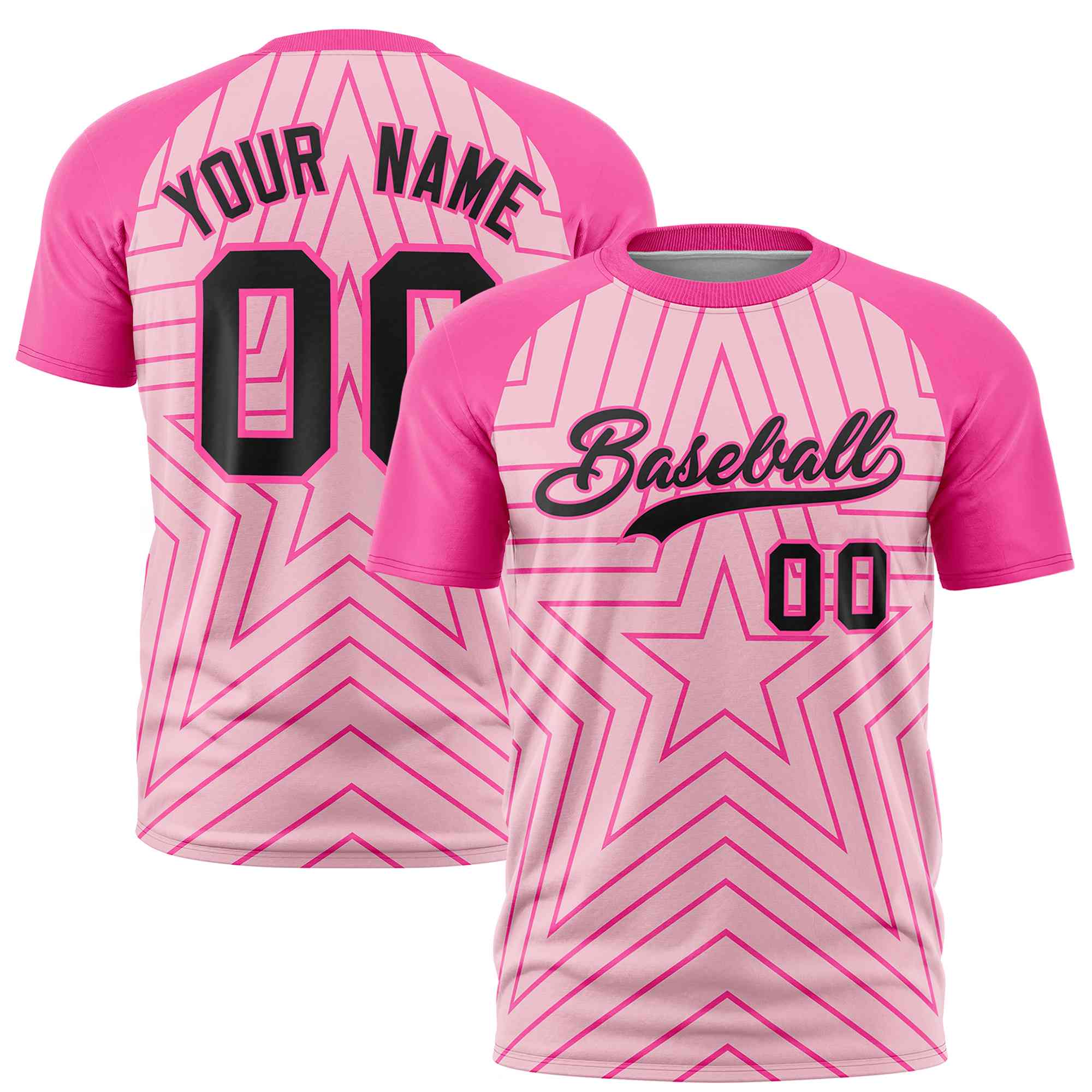 Custom Light Pink Pink Personalized Star Pattern Raglan Sleeves Performance T-Shirt