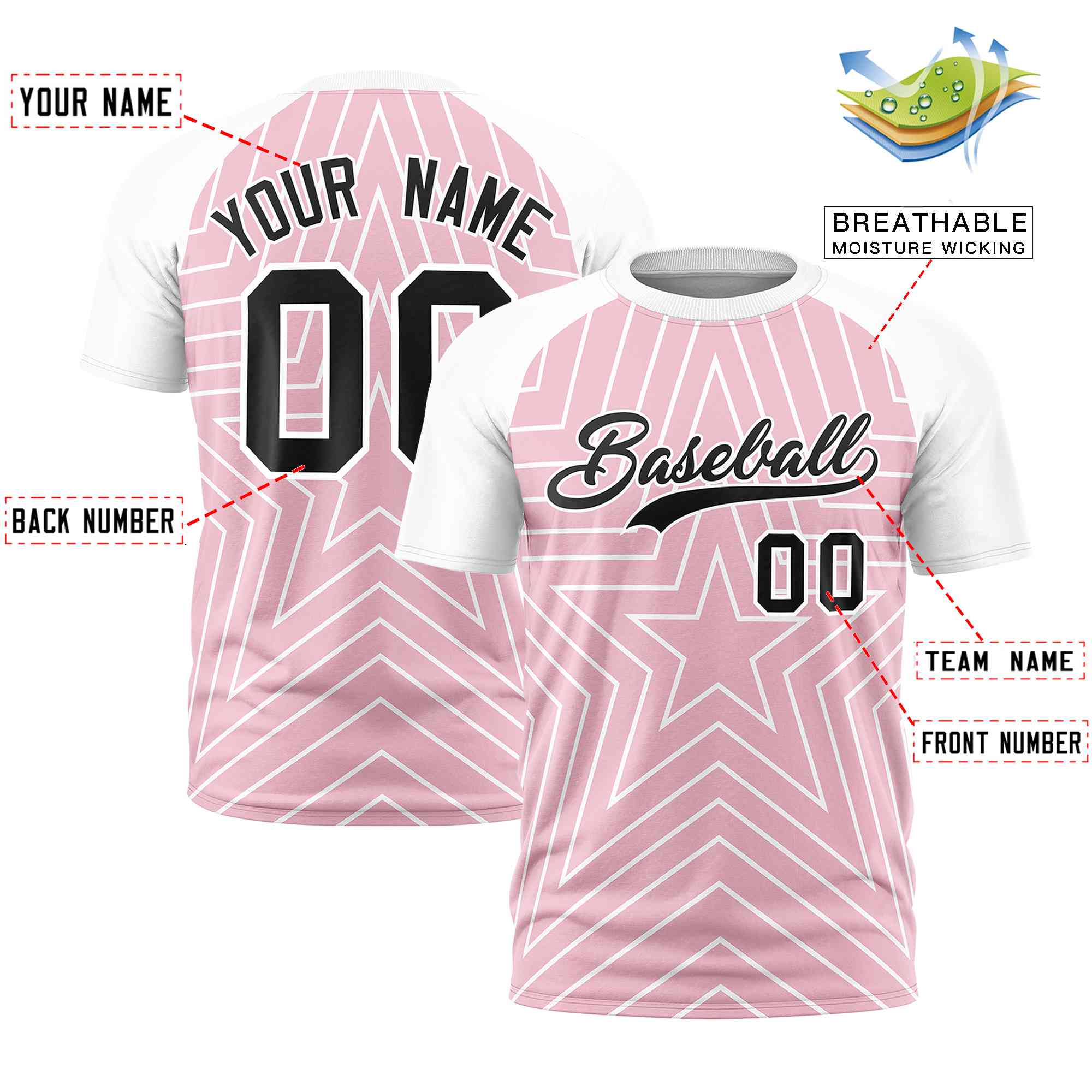 Custom Light Pink White Personalized Star Pattern Raglan Sleeves Performance T-Shirt