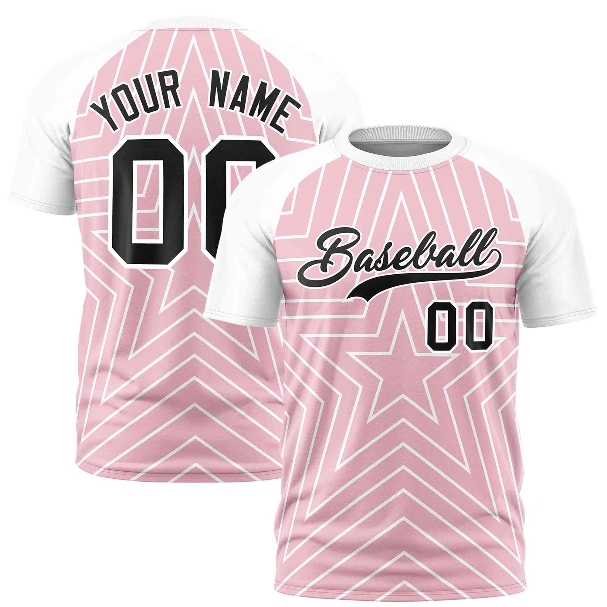 Custom Light Pink White Personalized Star Pattern Raglan Sleeves Performance T-Shirt