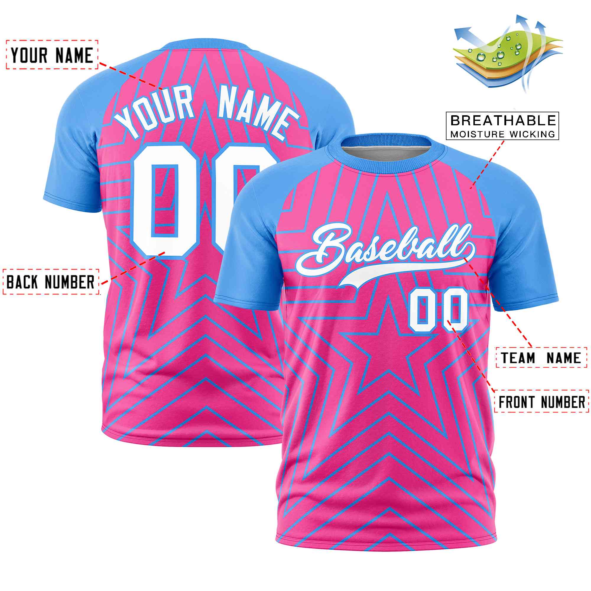 Custom Pink Powder Blue Personalized Star Pattern Raglan Sleeves Performance T-Shirt