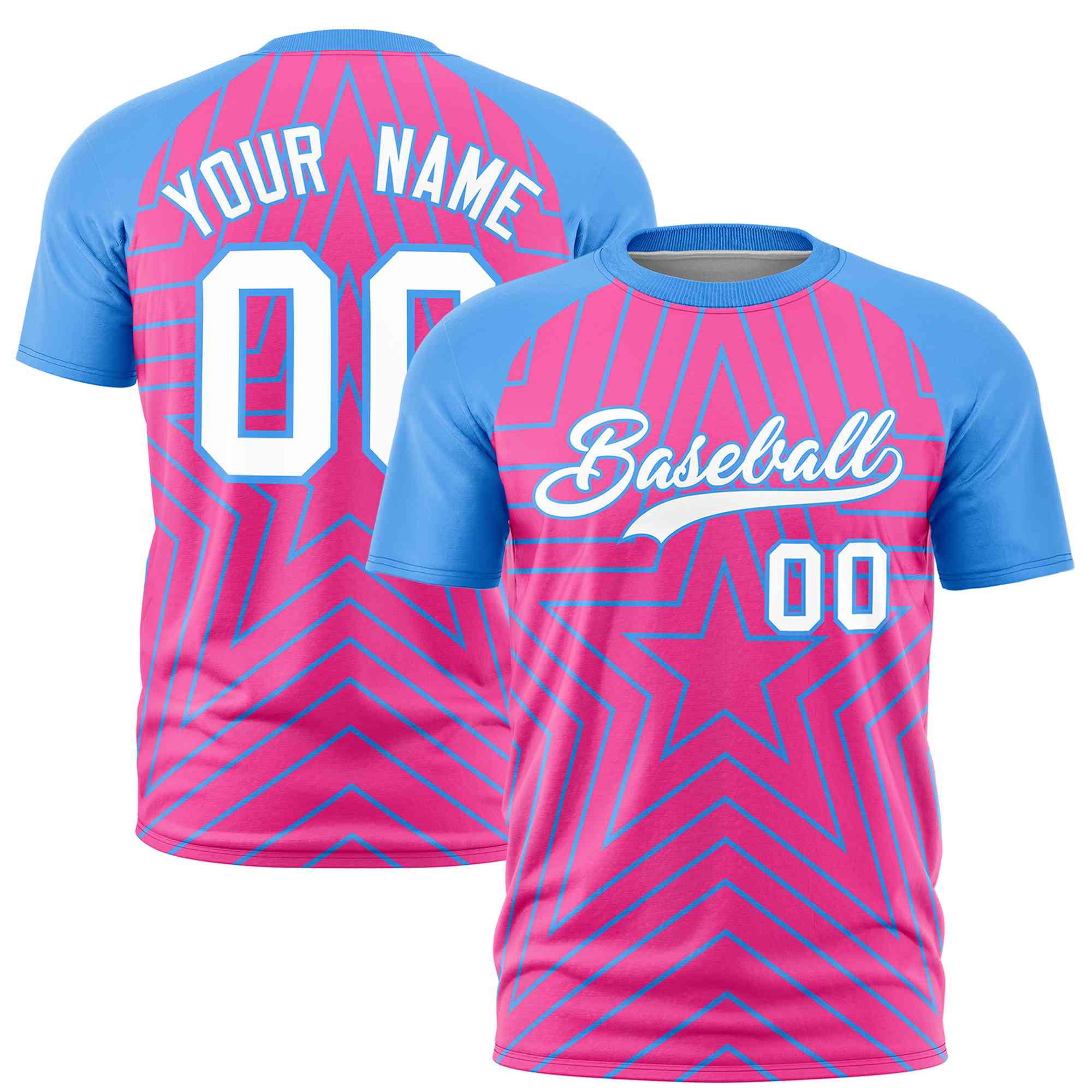 Custom Pink Powder Blue Personalized Star Pattern Raglan Sleeves Performance T-Shirt