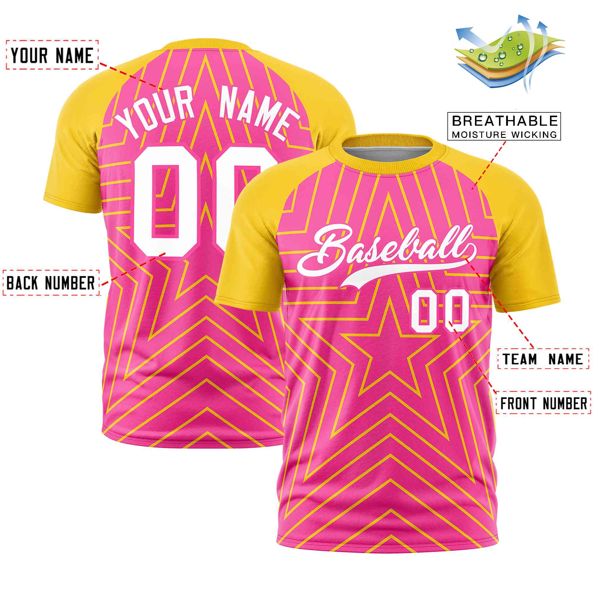 Custom Pink Gold Personalized Star Pattern Raglan Sleeves Performance T-Shirt